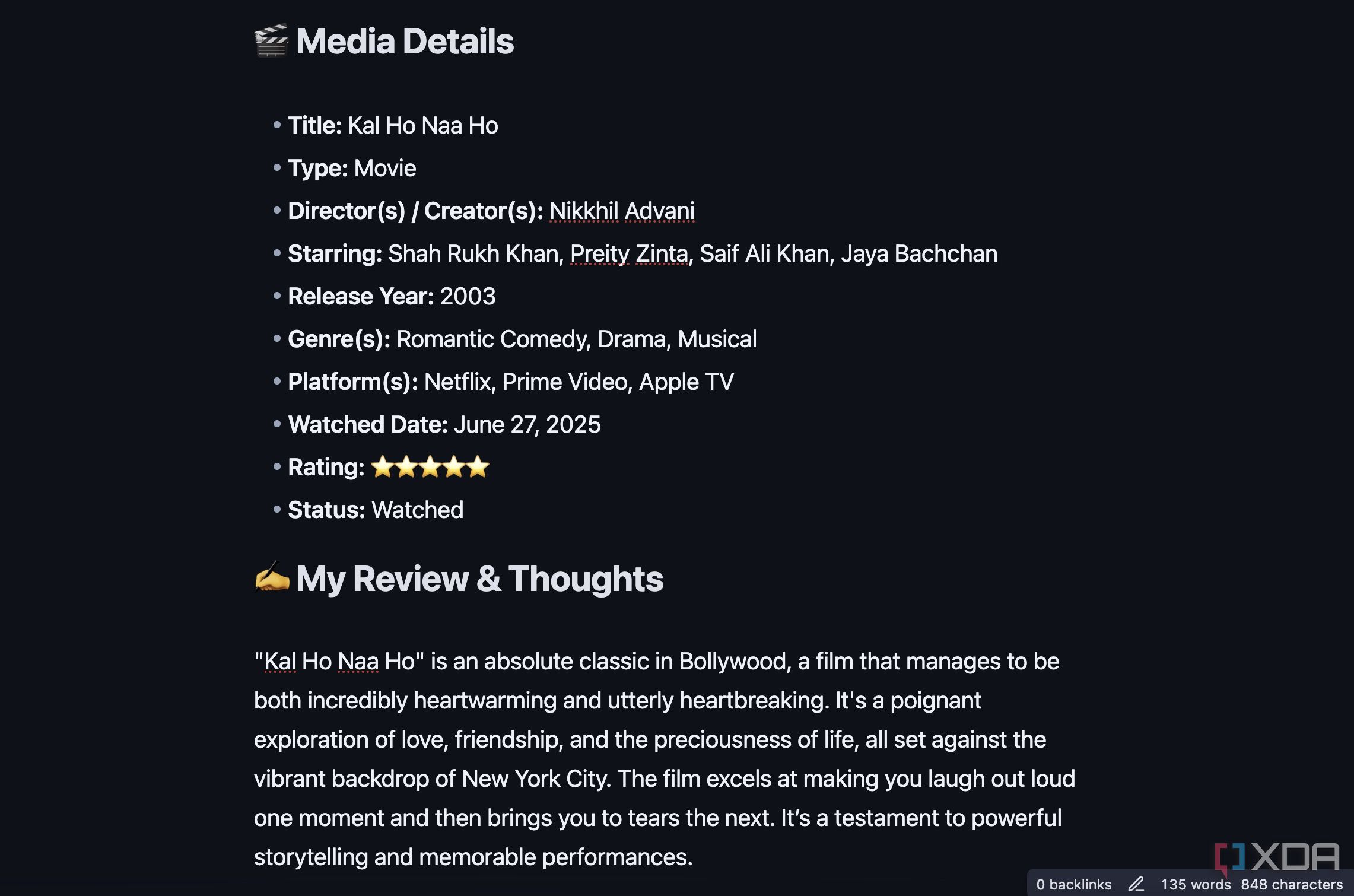 Movie review Obsidian template