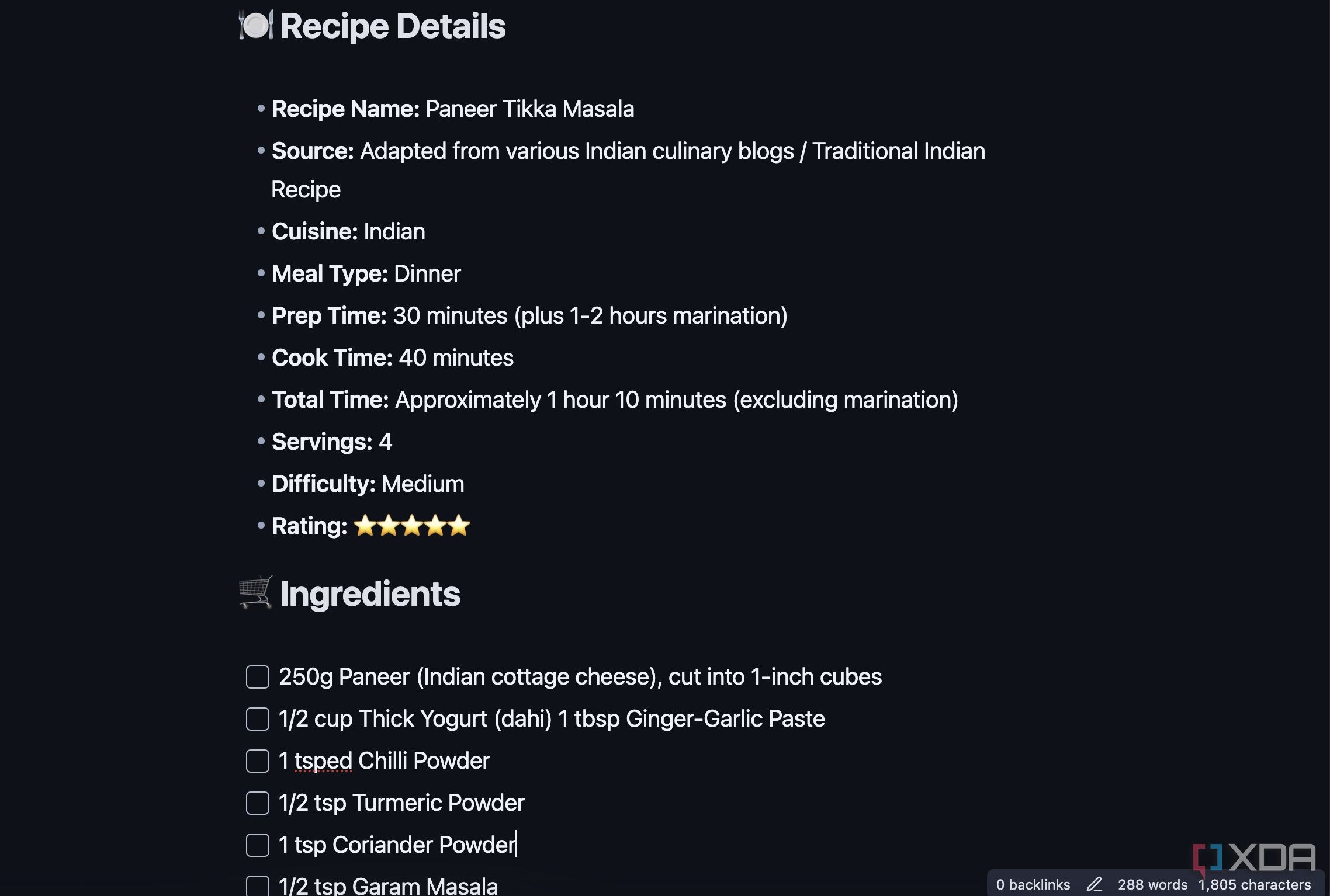 Recipe Obsidian template
