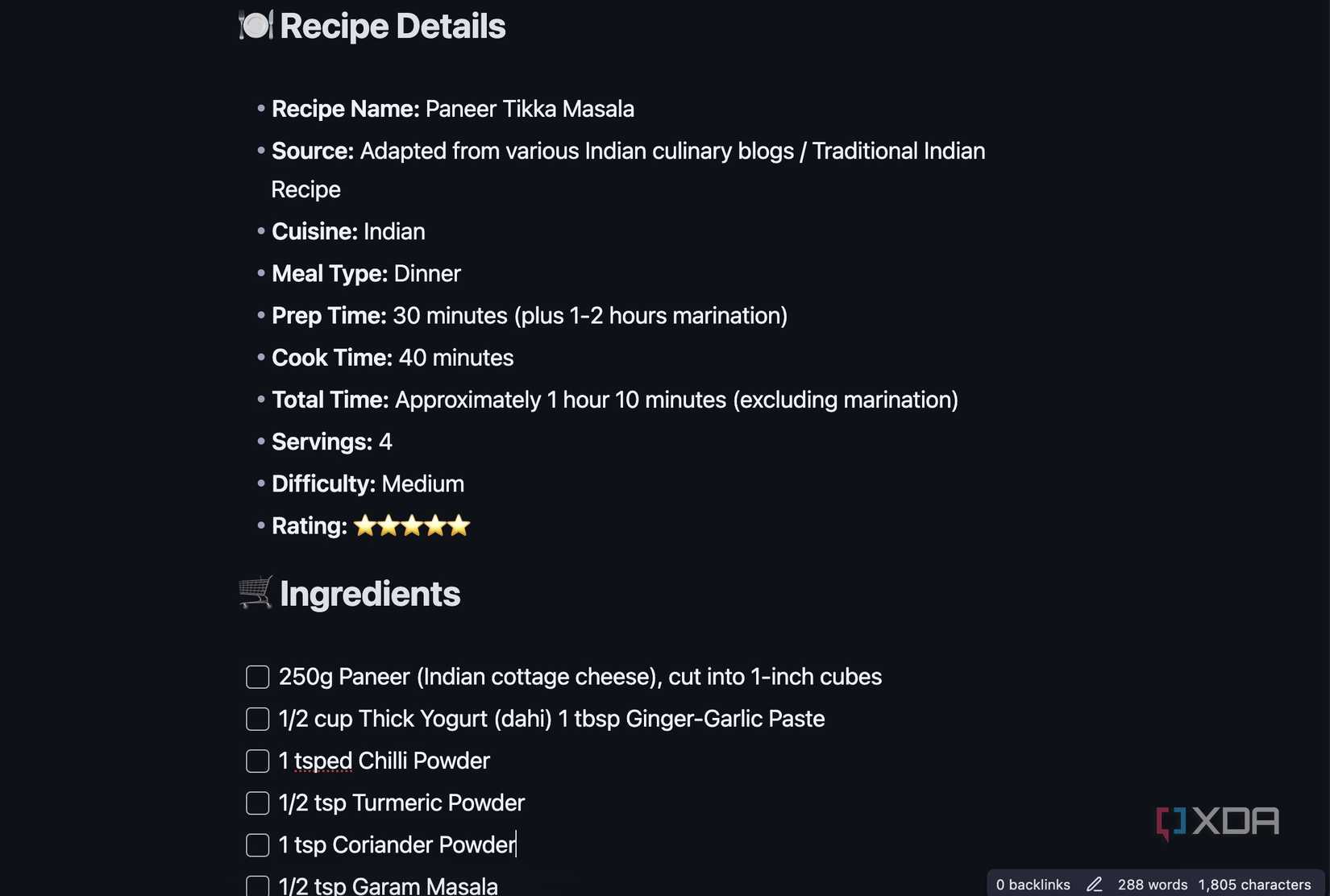 Recipe Obsidian template