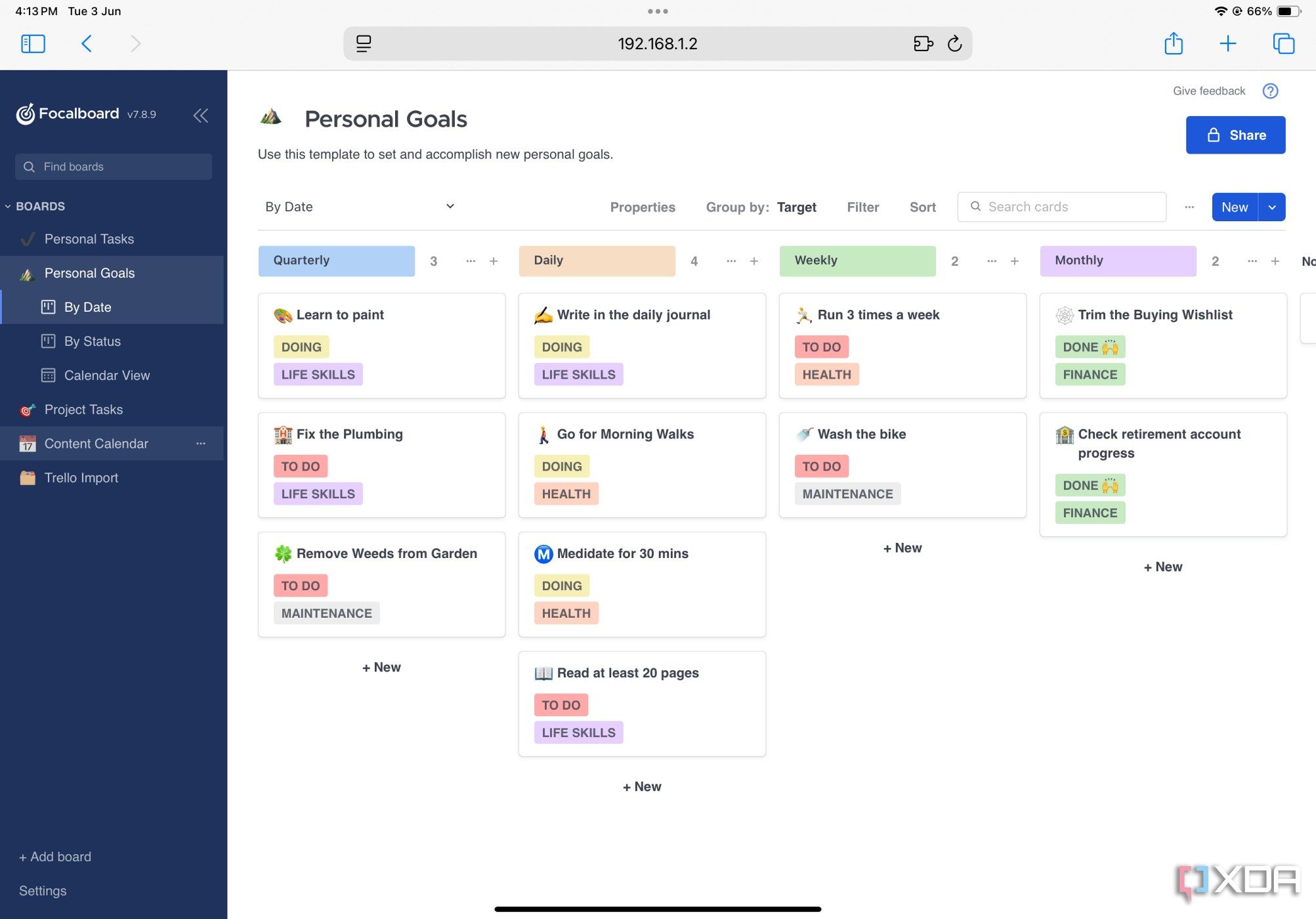 Using Focalboard in a browser on a tablet