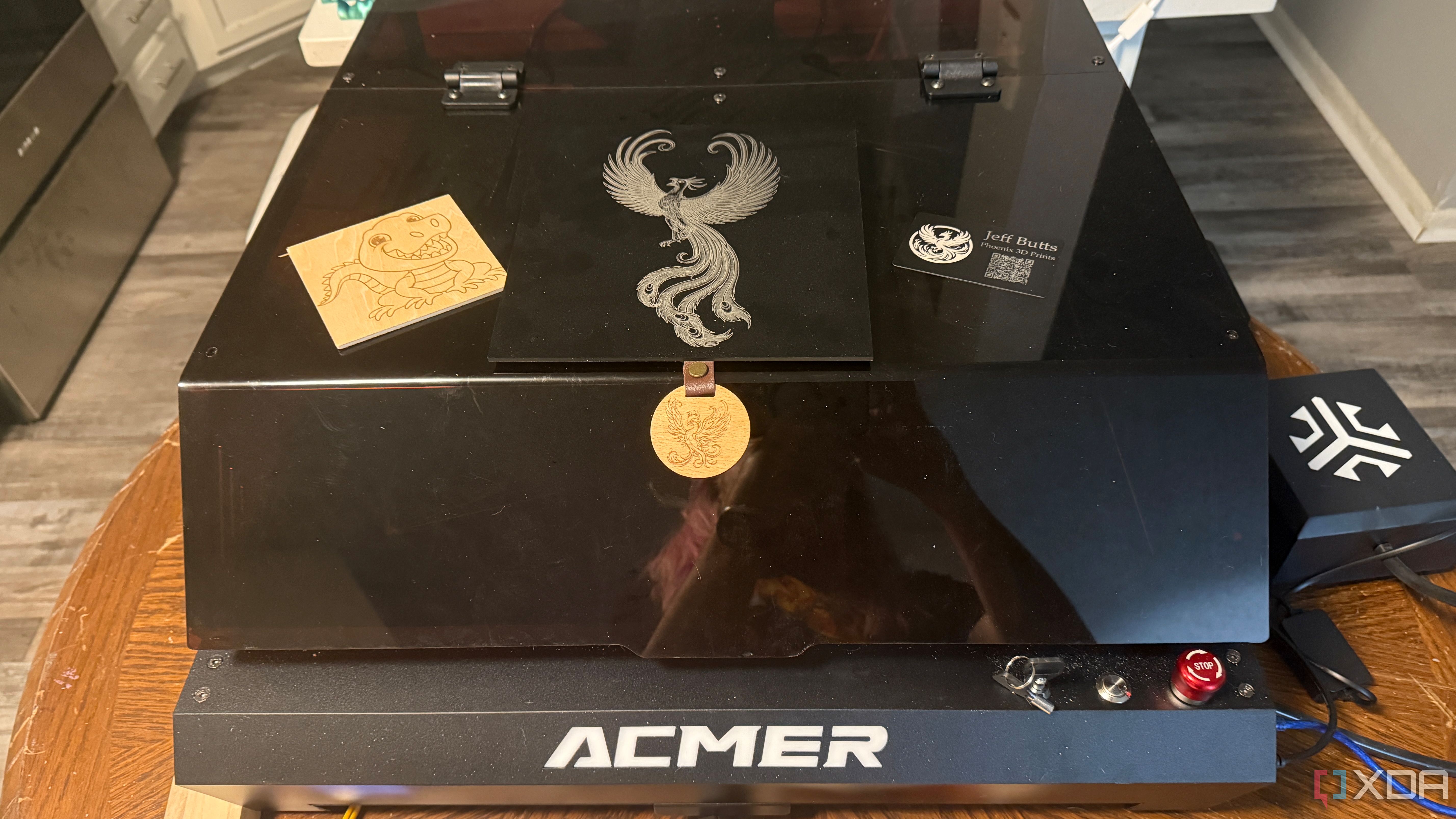 various comleted projects atop engraver