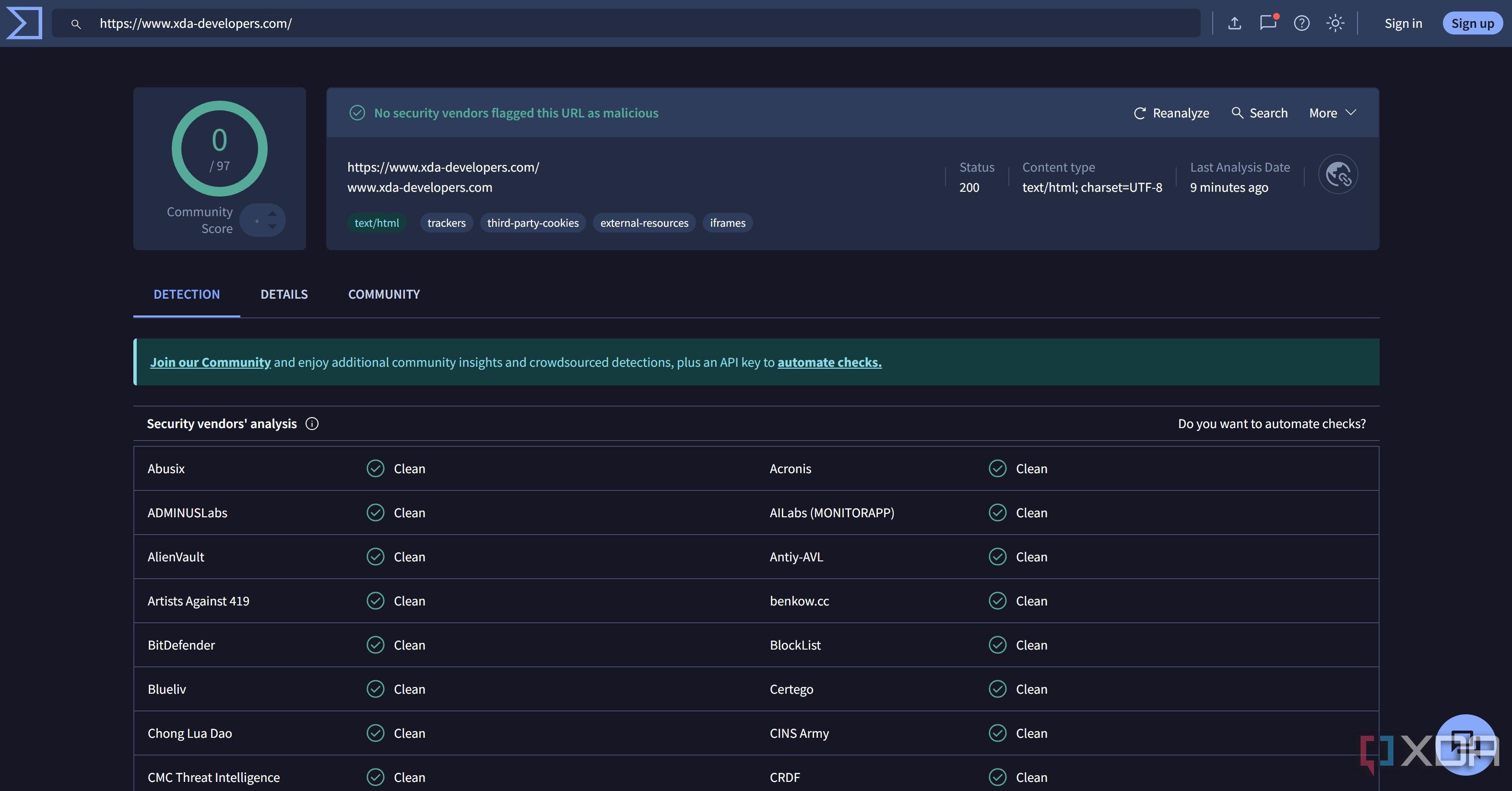VirusTotal url scan result