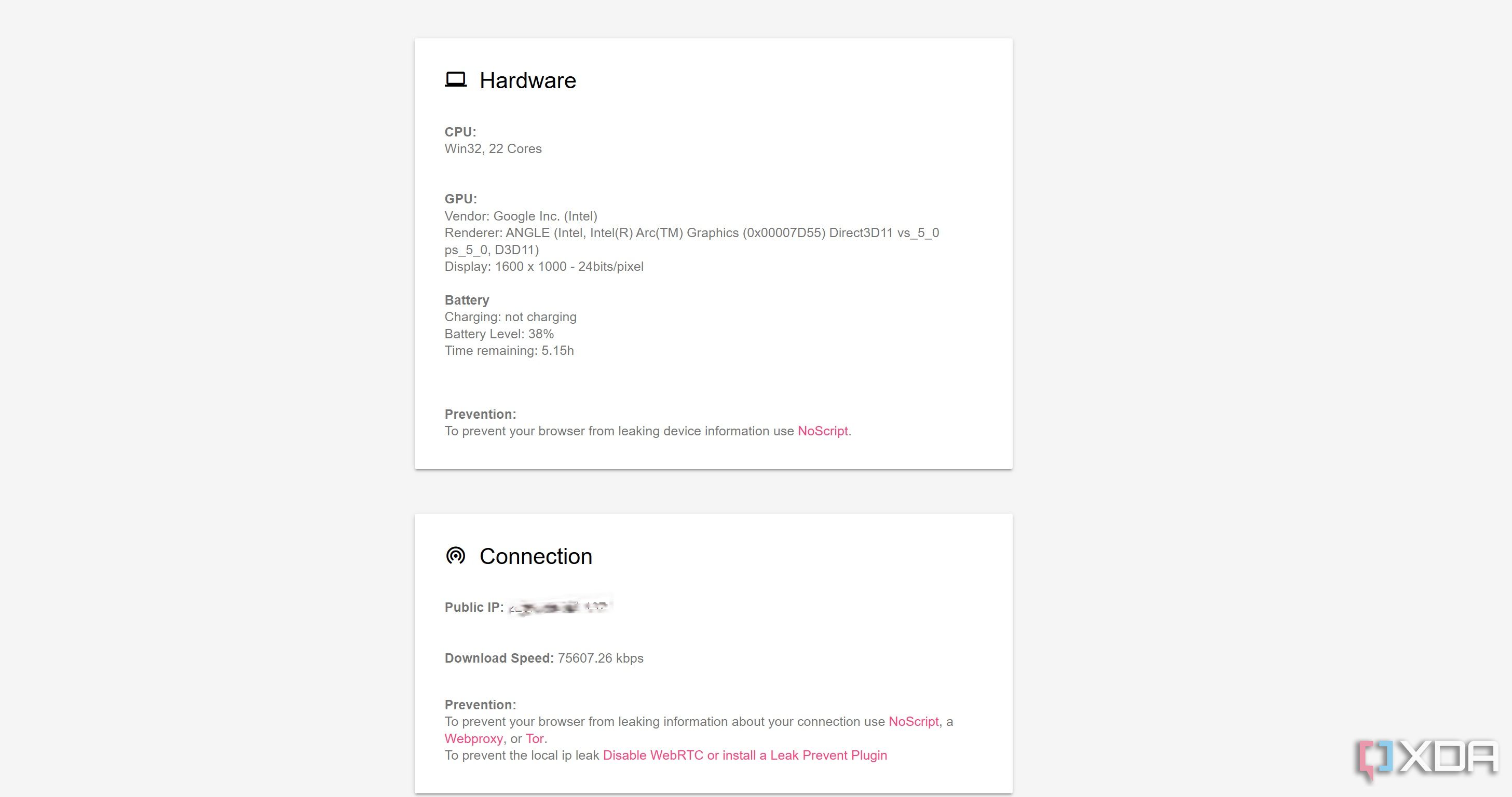 Webkay scanning report showing browser footprint