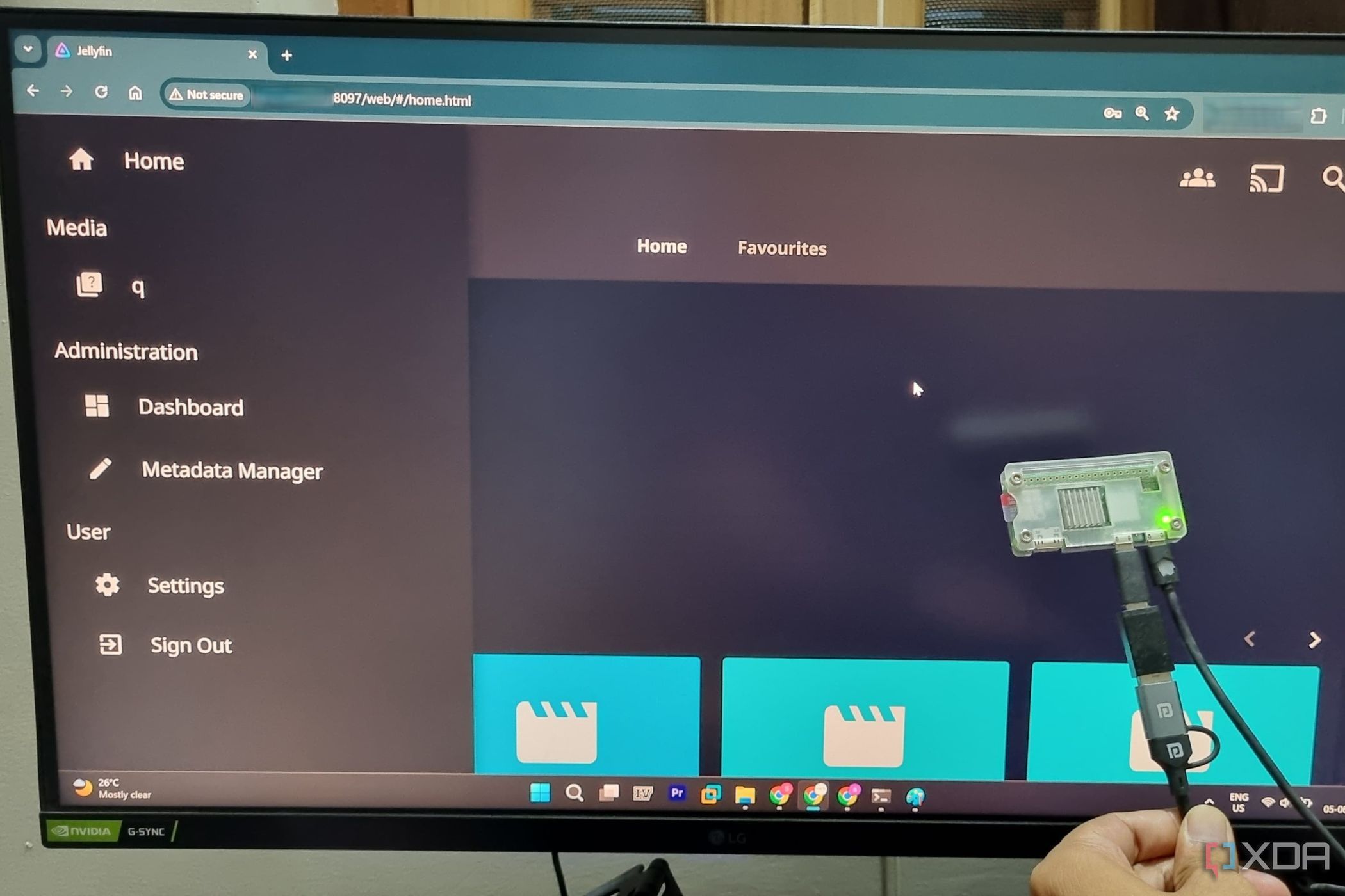 photo of Windows 11 desktop with a raspberry pi zero2w with jellyfin