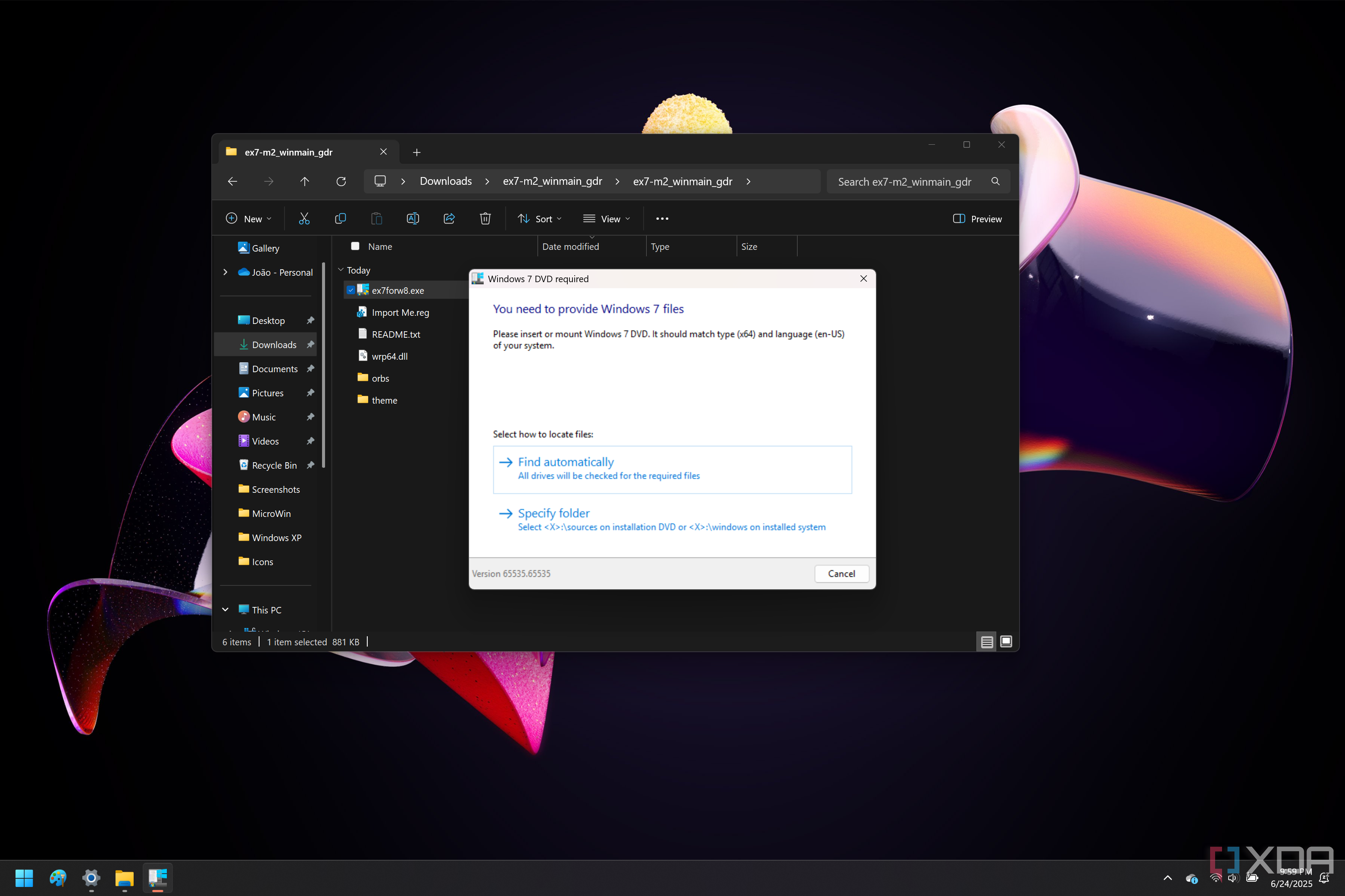 A dialog asking the user to point to Windows 7 files in order to customize