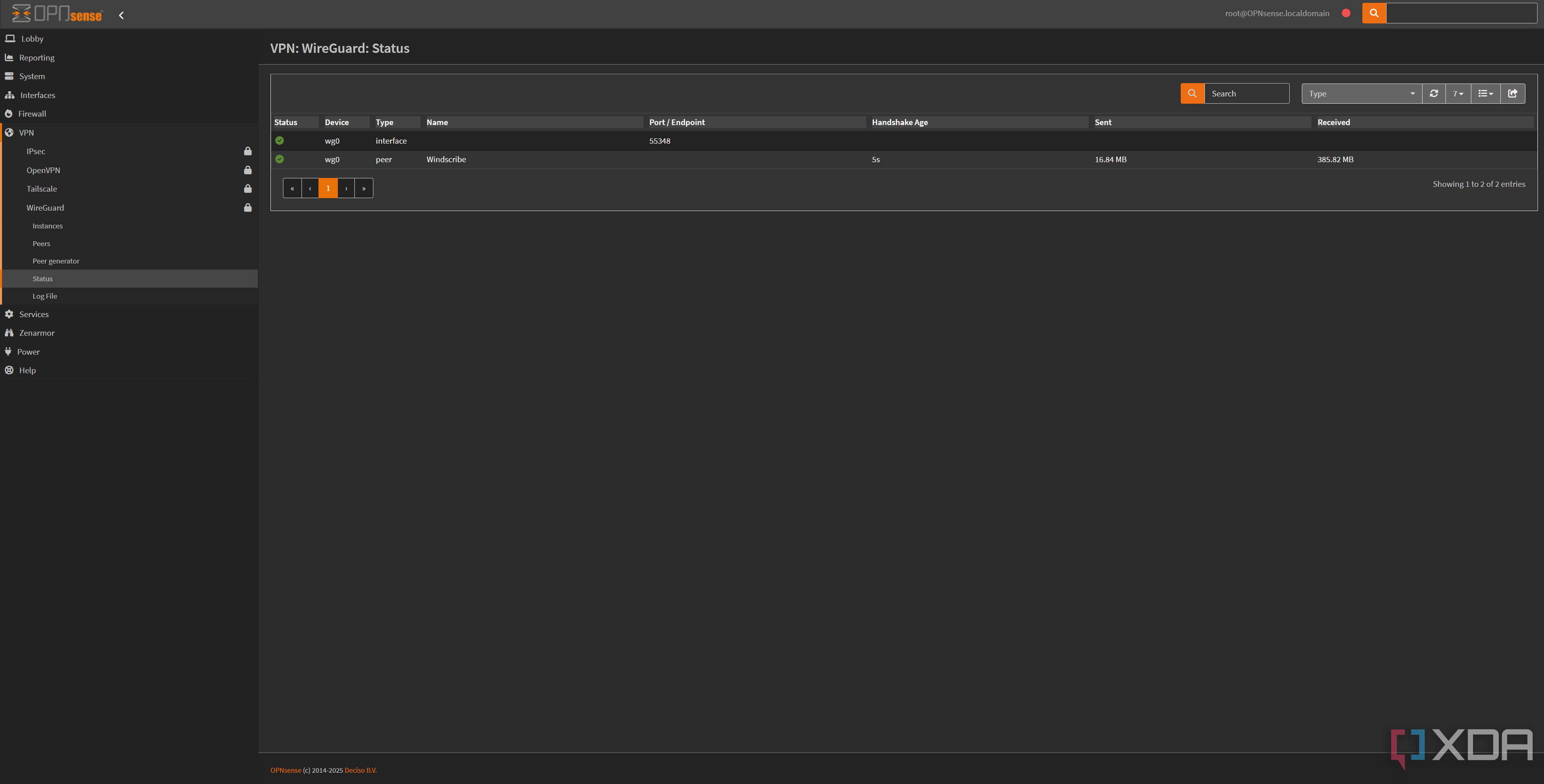 Showing WireGuard status in OPNsense with an open connection