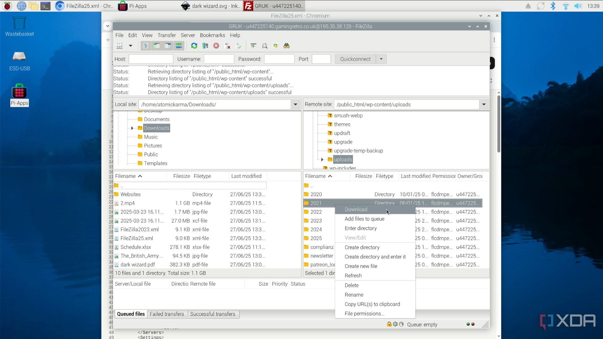 FileZilla runs on a Raspberry Pi 5