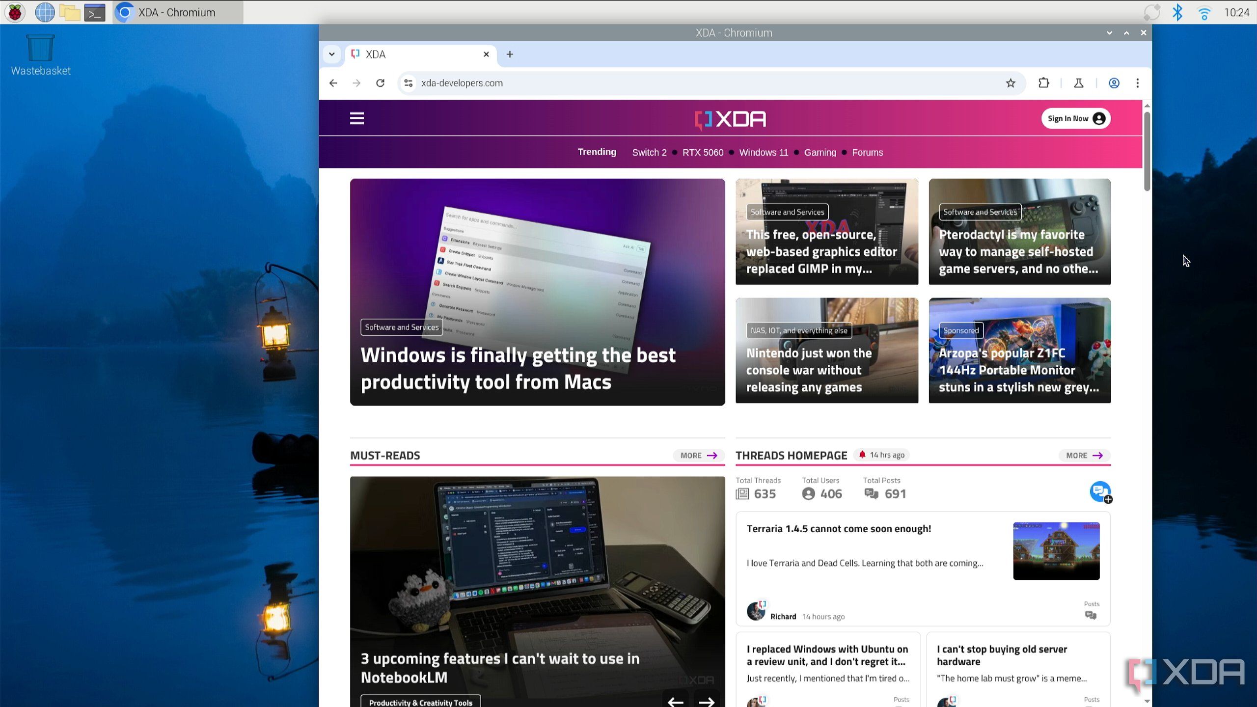 XDA running in Chromium on Raspberry Pi