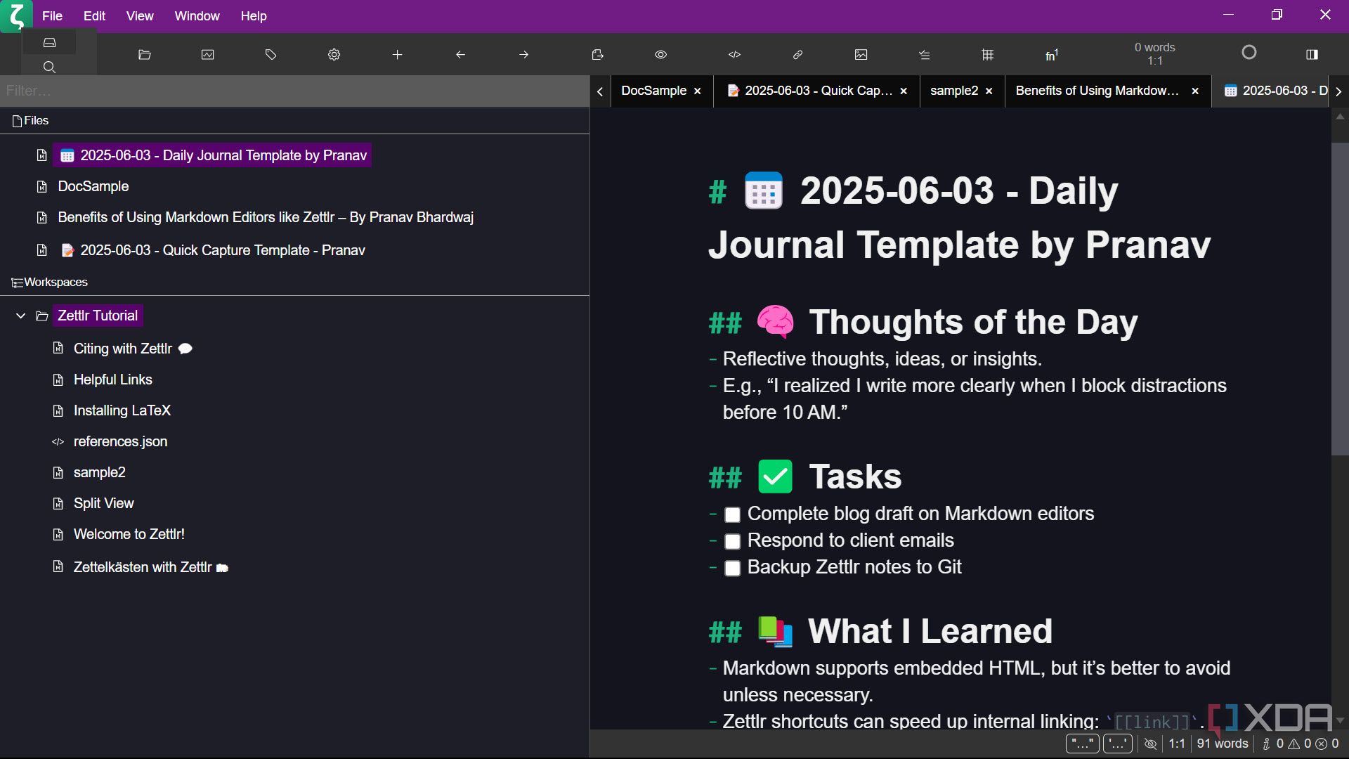 Zettlr files and workspace information