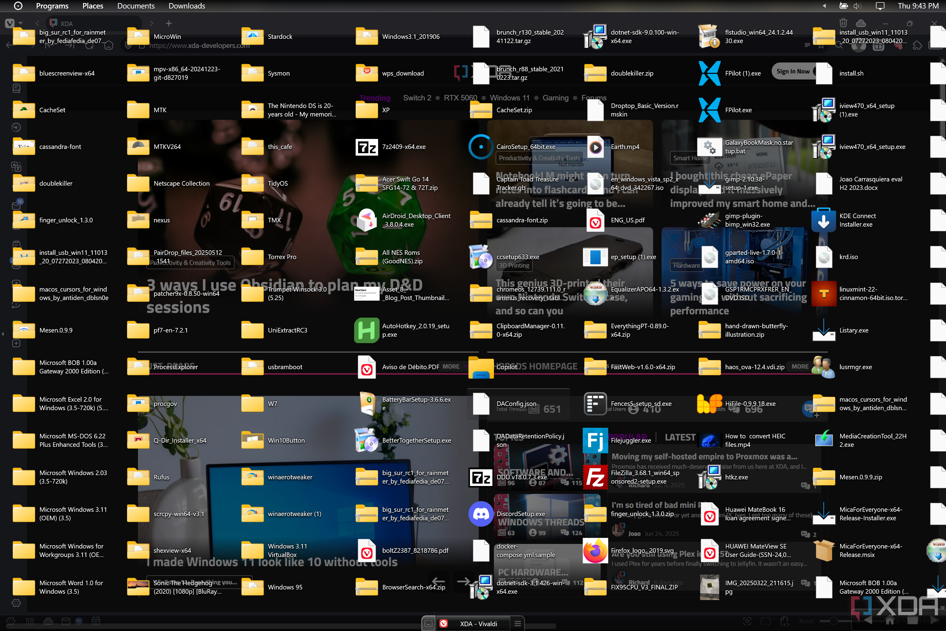 Screenshot of a Windows PC running Vivaldi with a Cairo Shell overlay showing the contents of a folder taking up the entire screen
