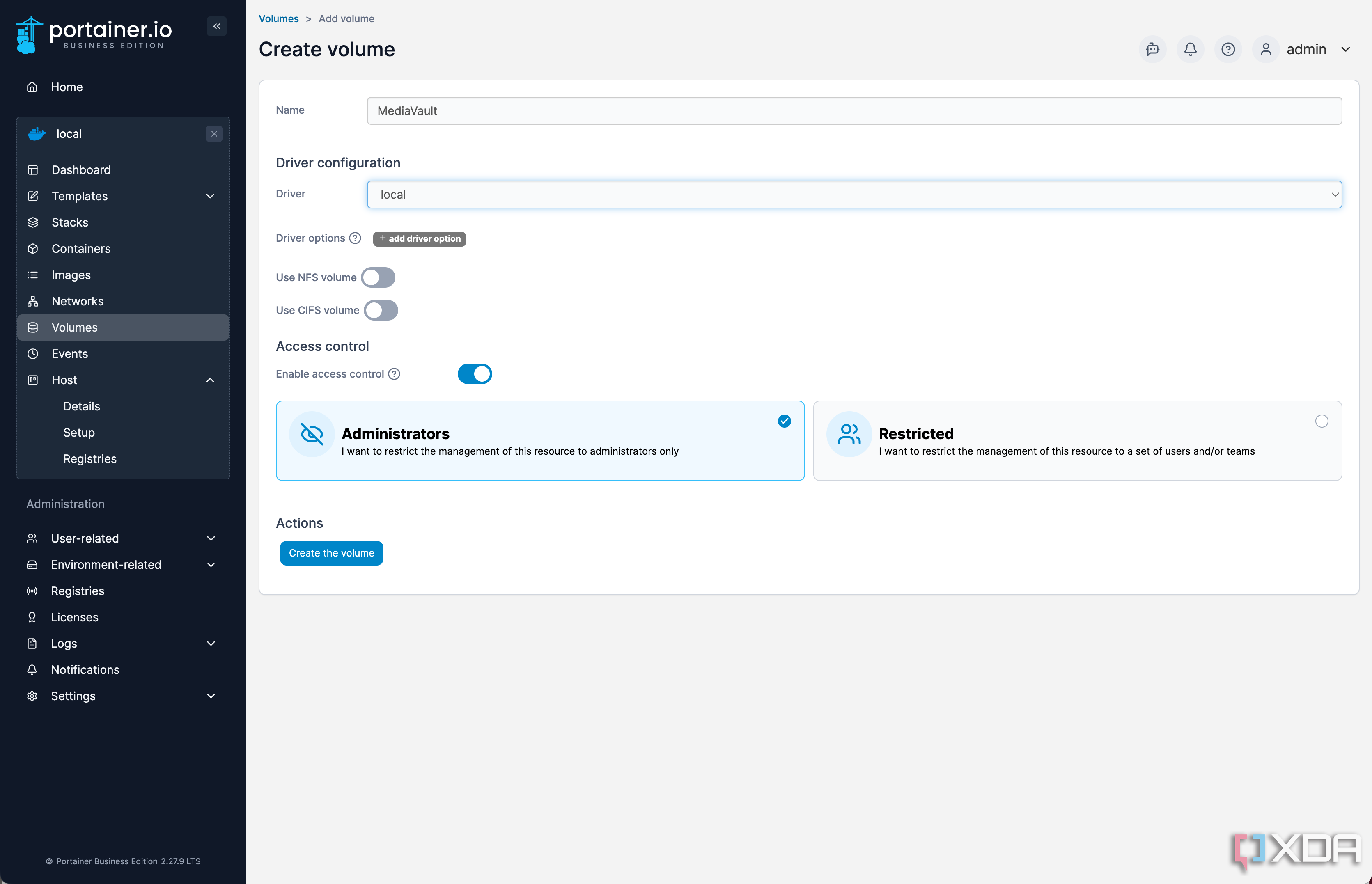 Creating a volume in Portainer