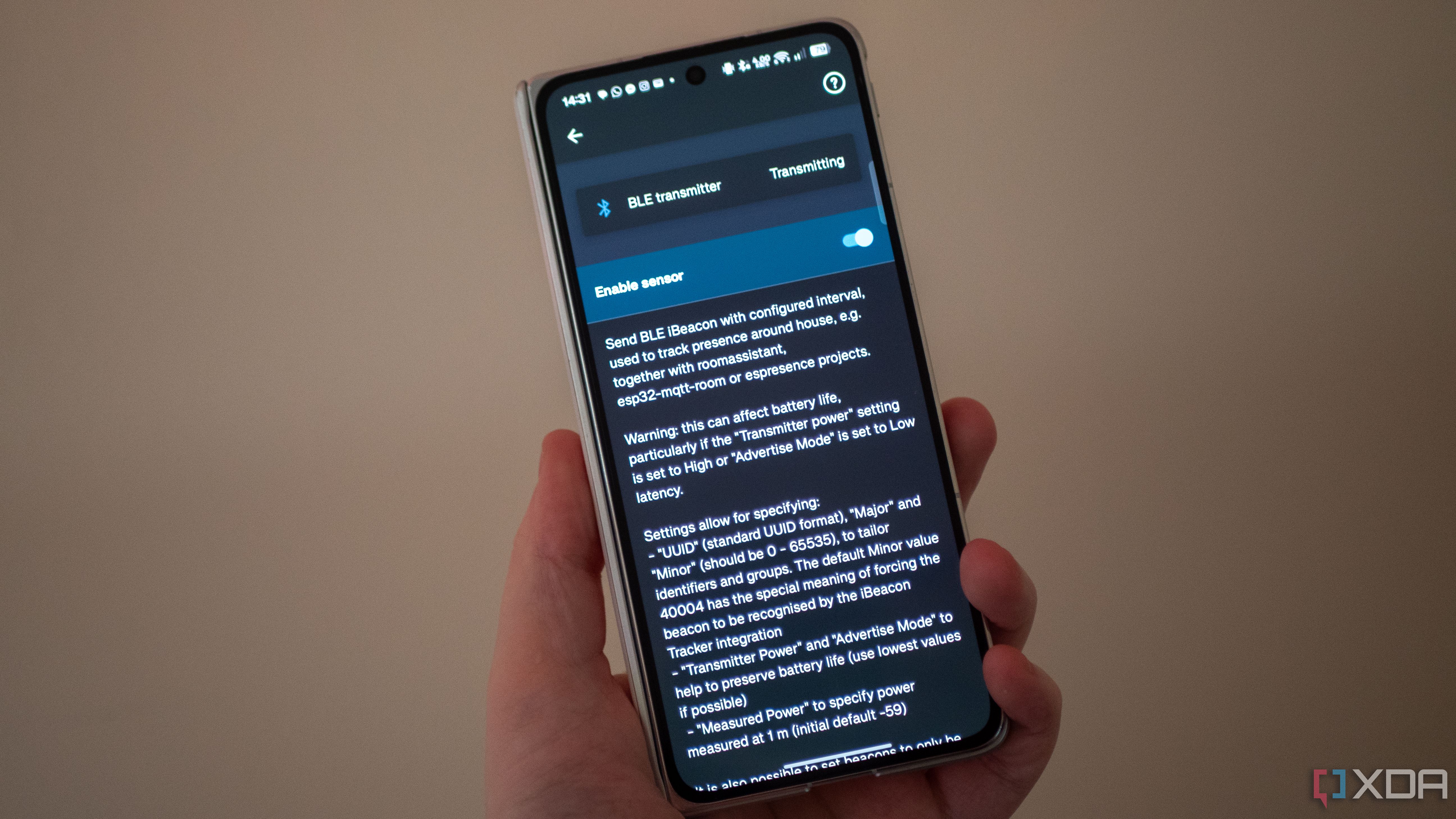 BLE transmitter settings in the Home Assistant app on Android
