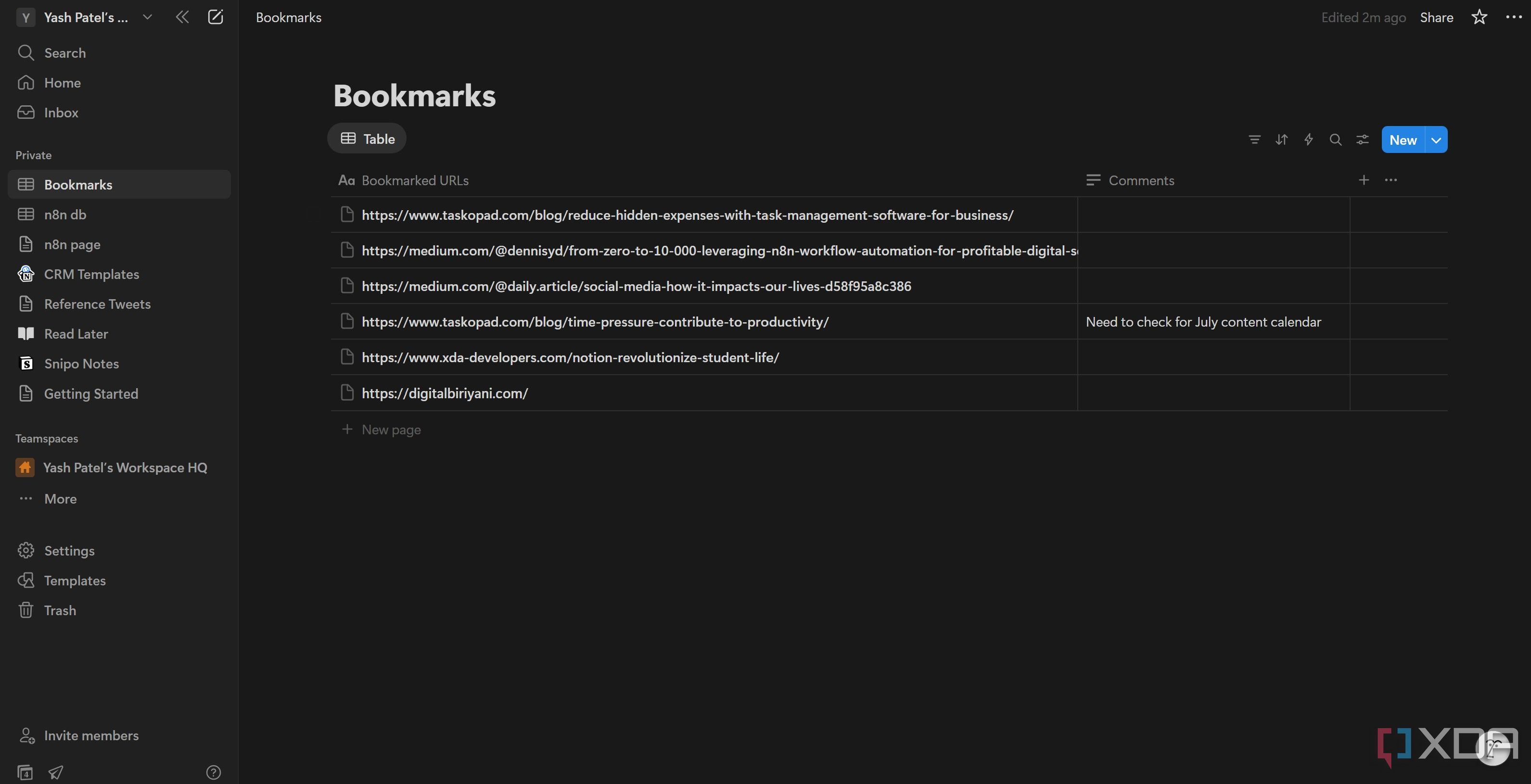 Final bookmarked URL in Notion database