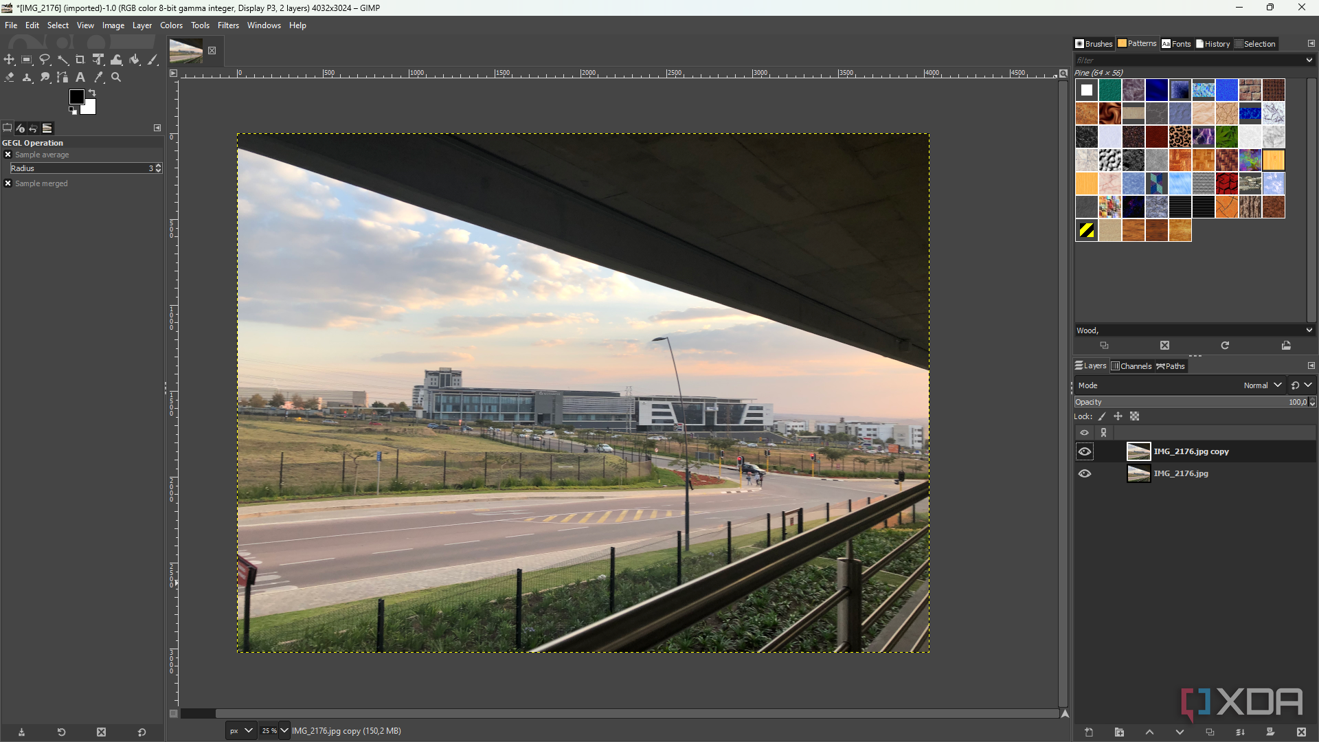 GIMP 2-10 editing window, displaying cityskape shot