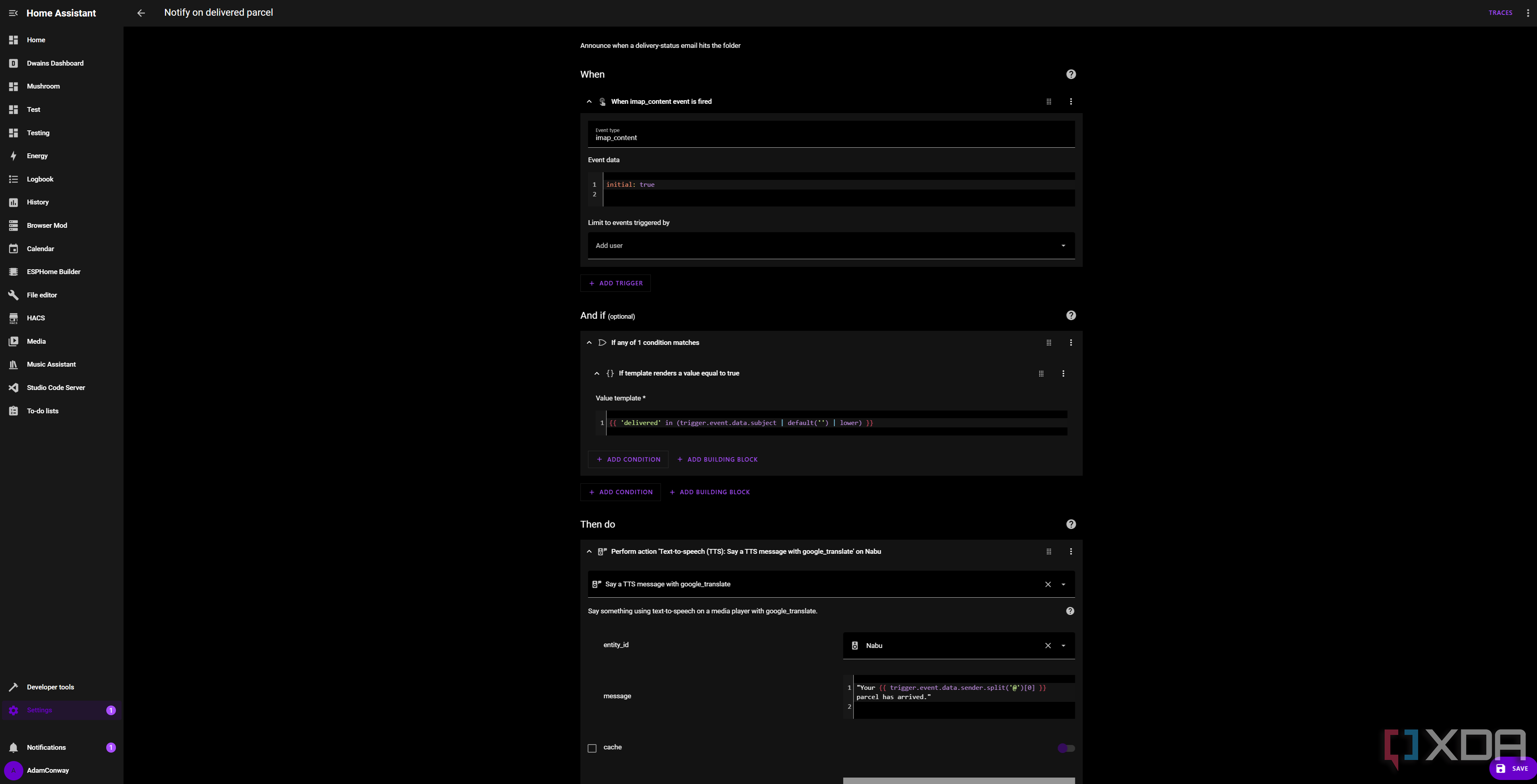 Automation to announce package delivered based on an email in Home Assistant
