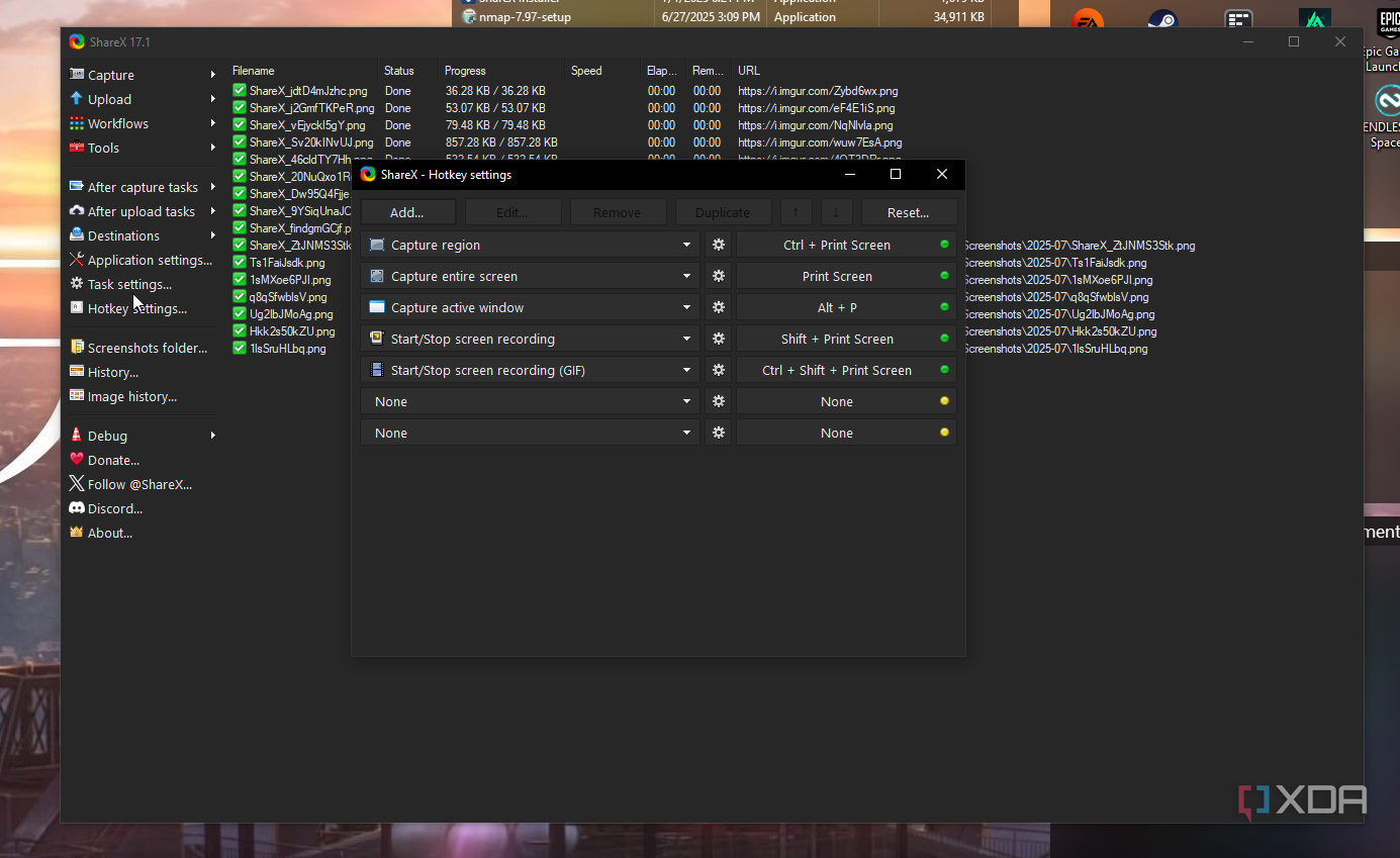 Una captura de pantalla de las opciones de teclas de acceso rápidas de Sharex.
