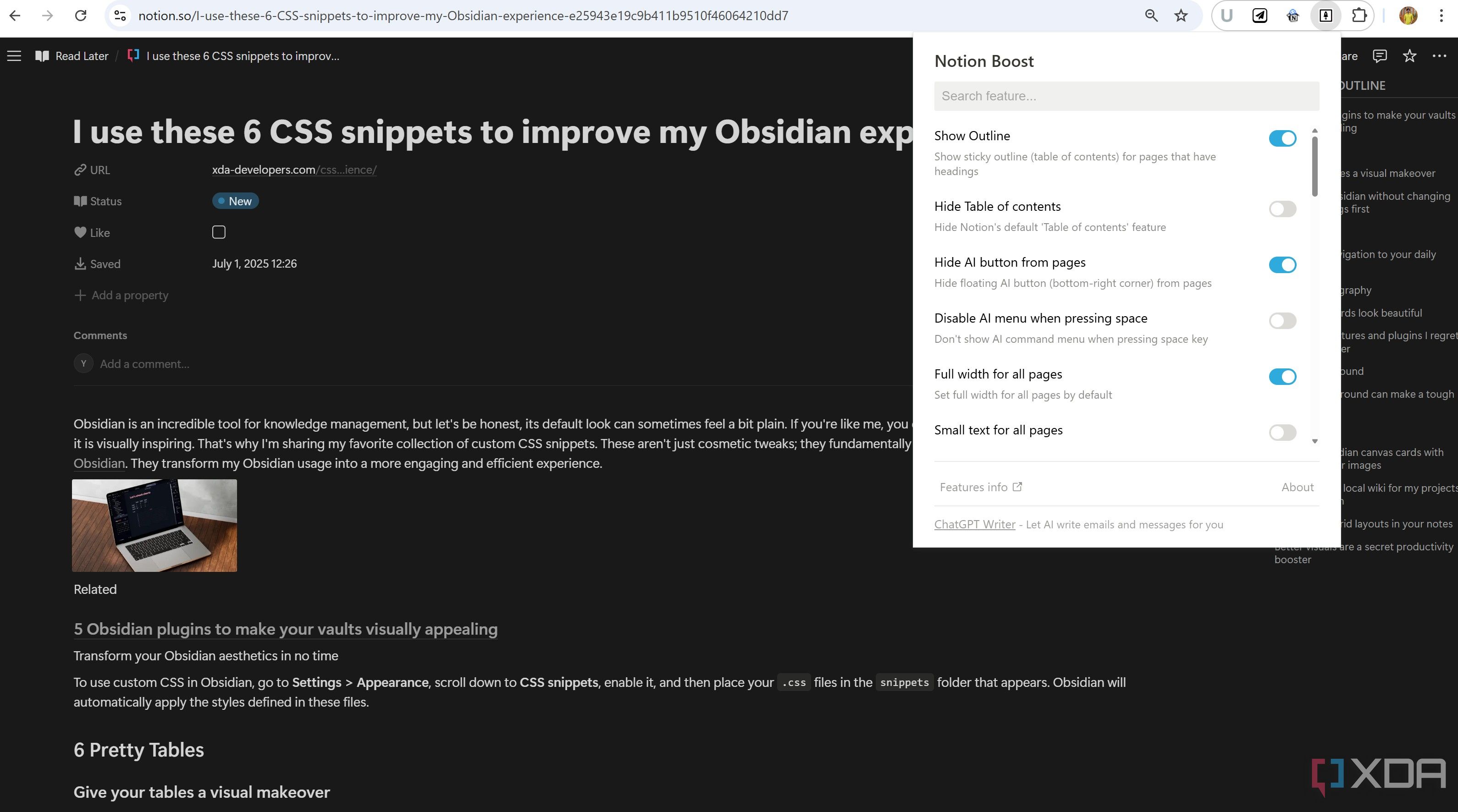 Customization options in Notion Boost Chrome extension