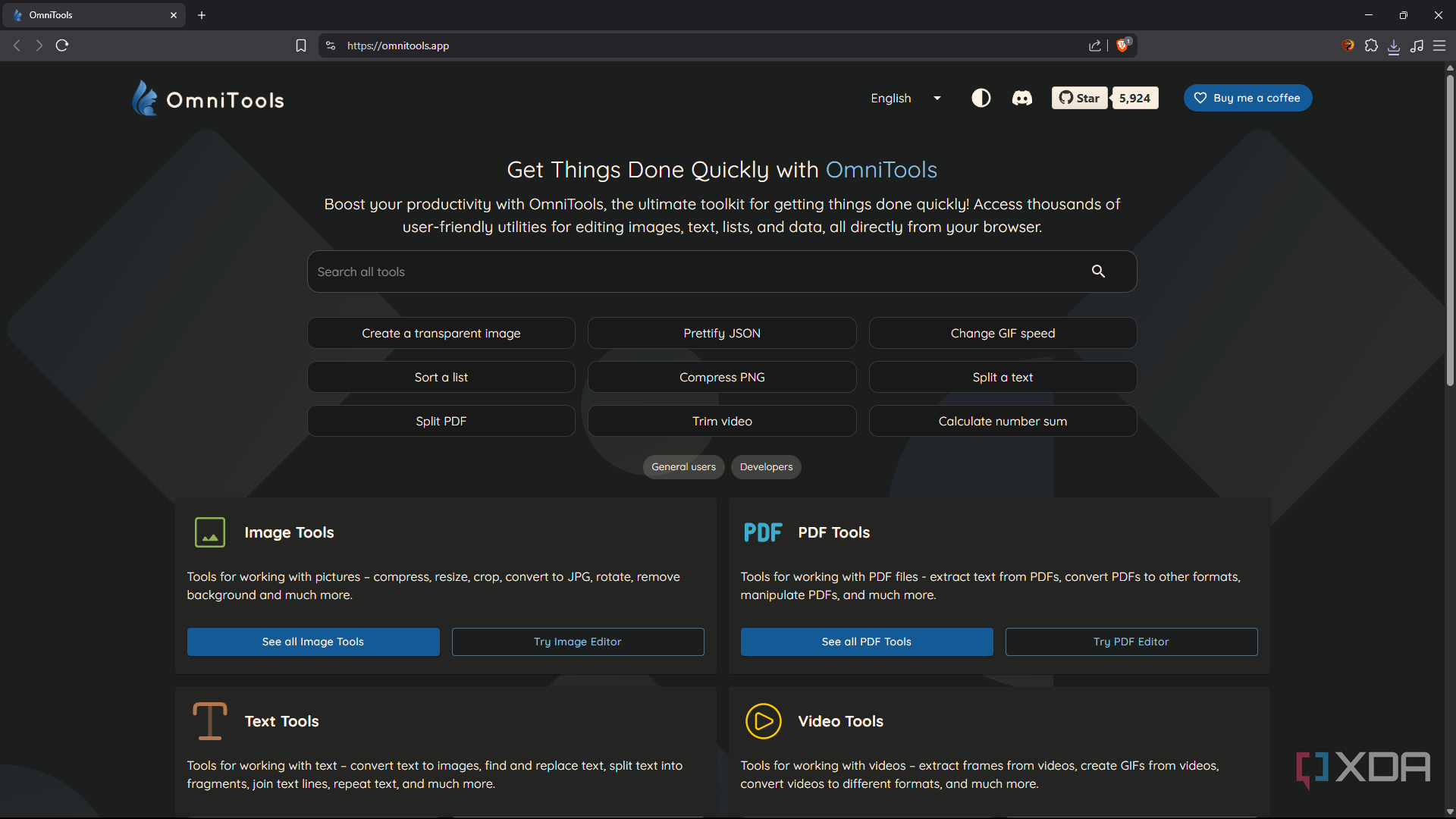 Página de inicio de Omnitools, que muestra una variedad de herramientas de edición de medios