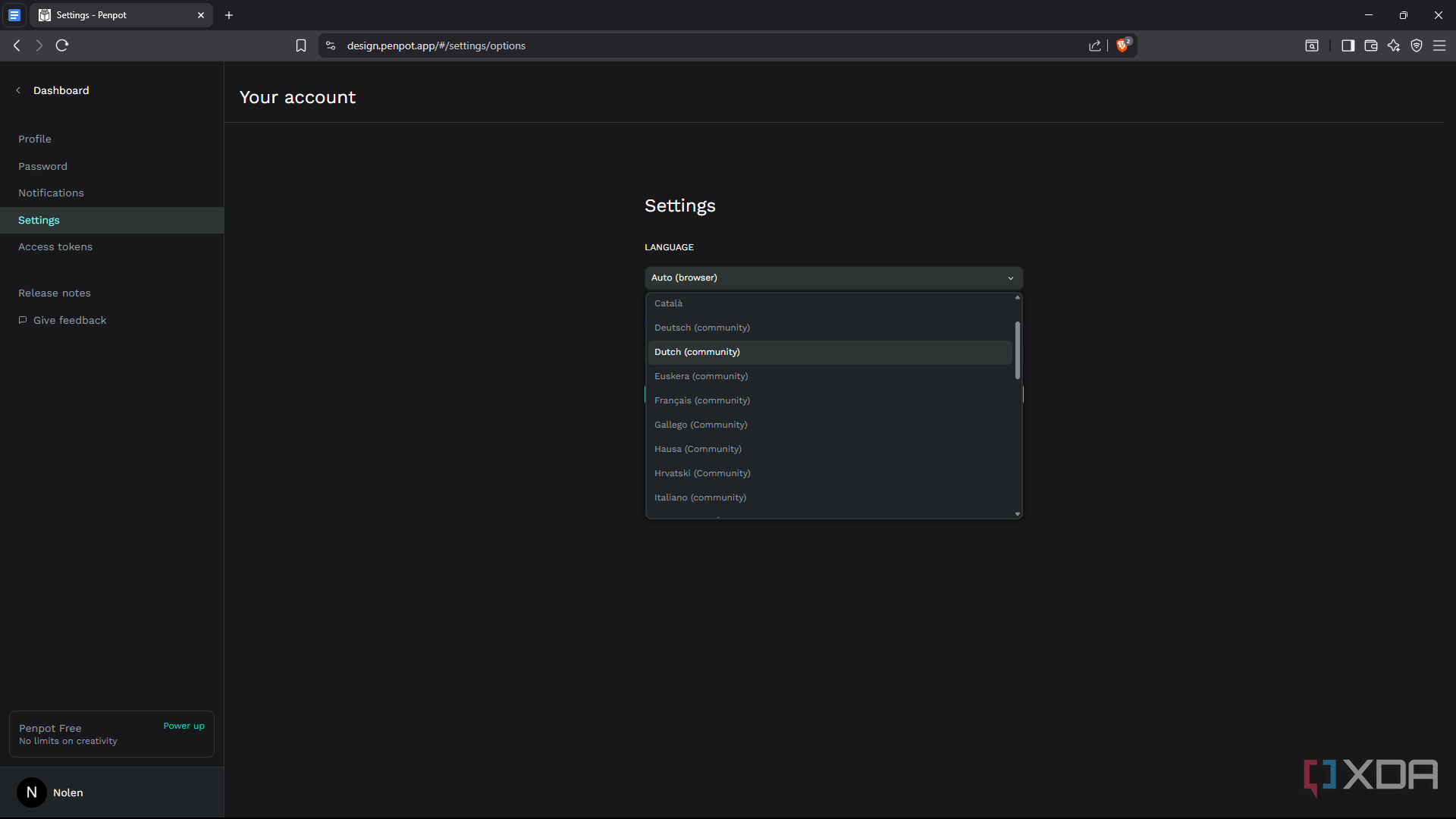Penpot language selection in settings