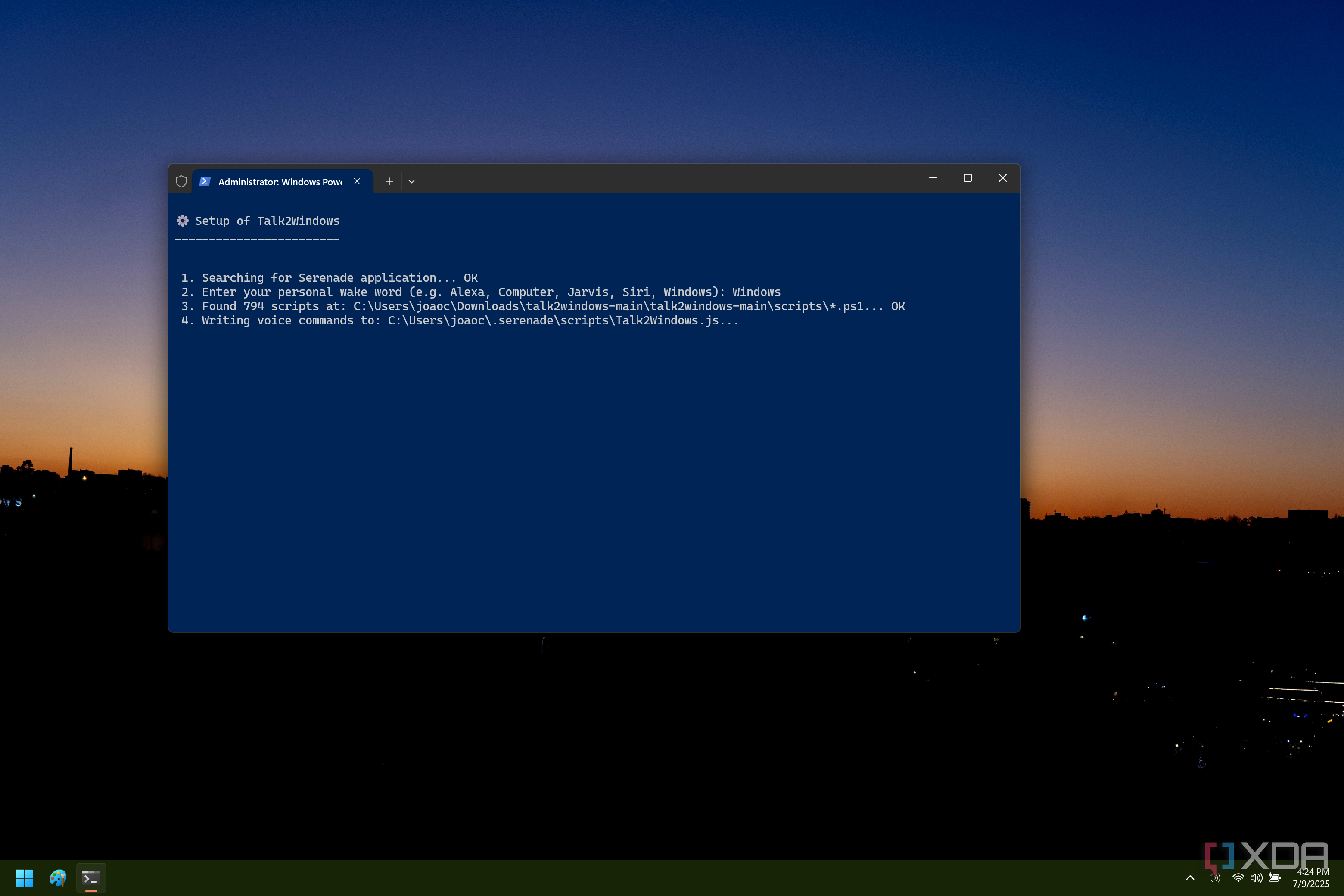 Captura de pantalla de una ventana de terminal de Windows elevada que ejecuta el script para instalar comandos de reconocimiento de voz para Talk2Windows