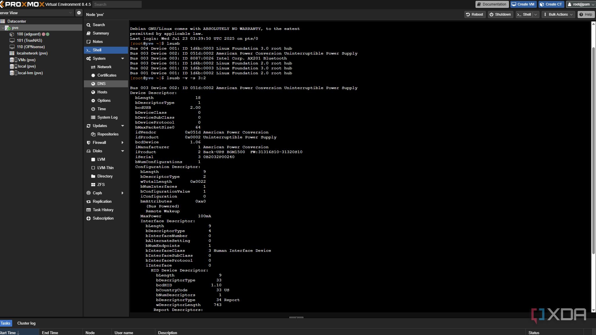screenshot of proxmox lsusb command details
