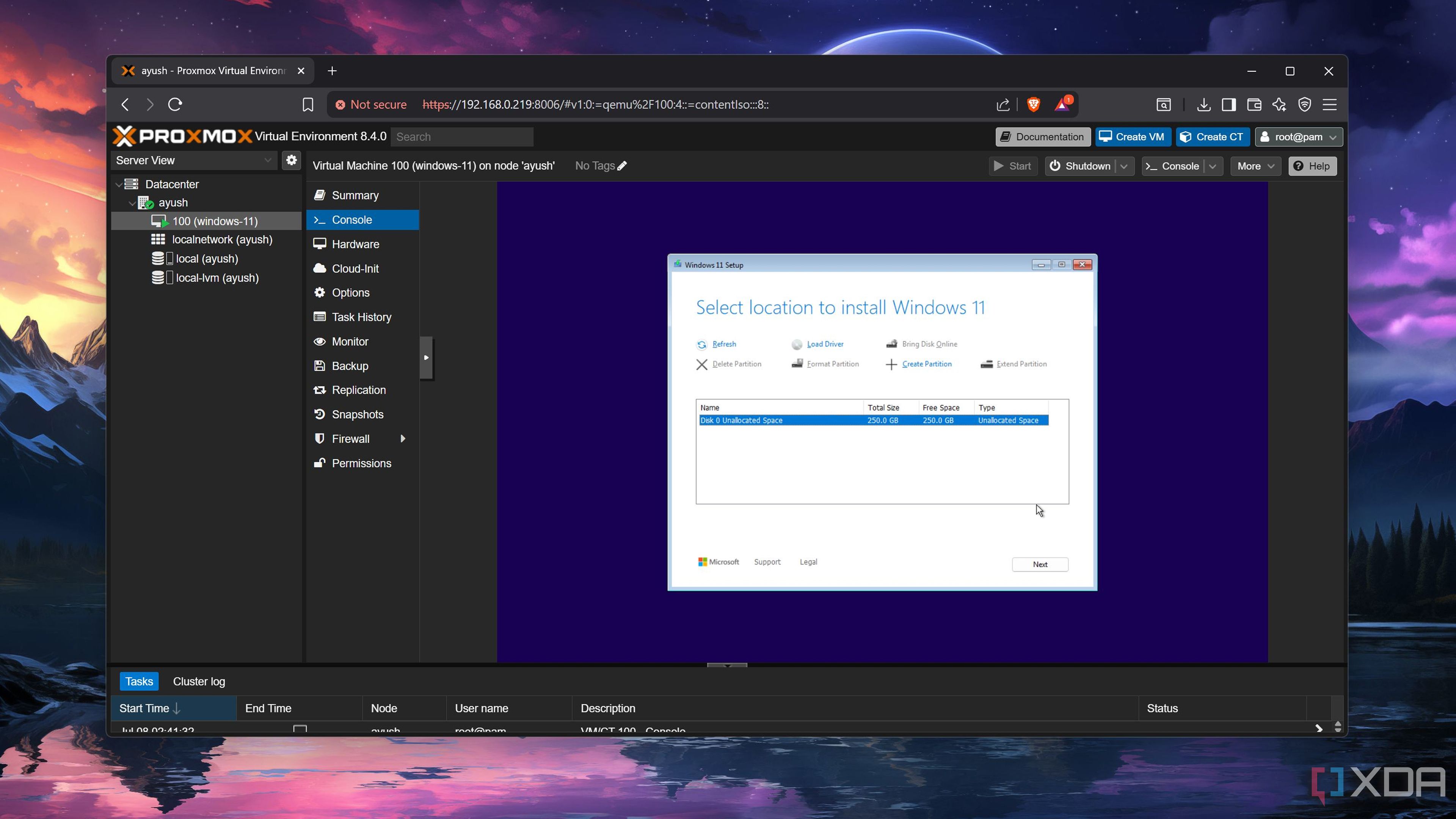 Selecting the installation disk inside a Windows 11 VM