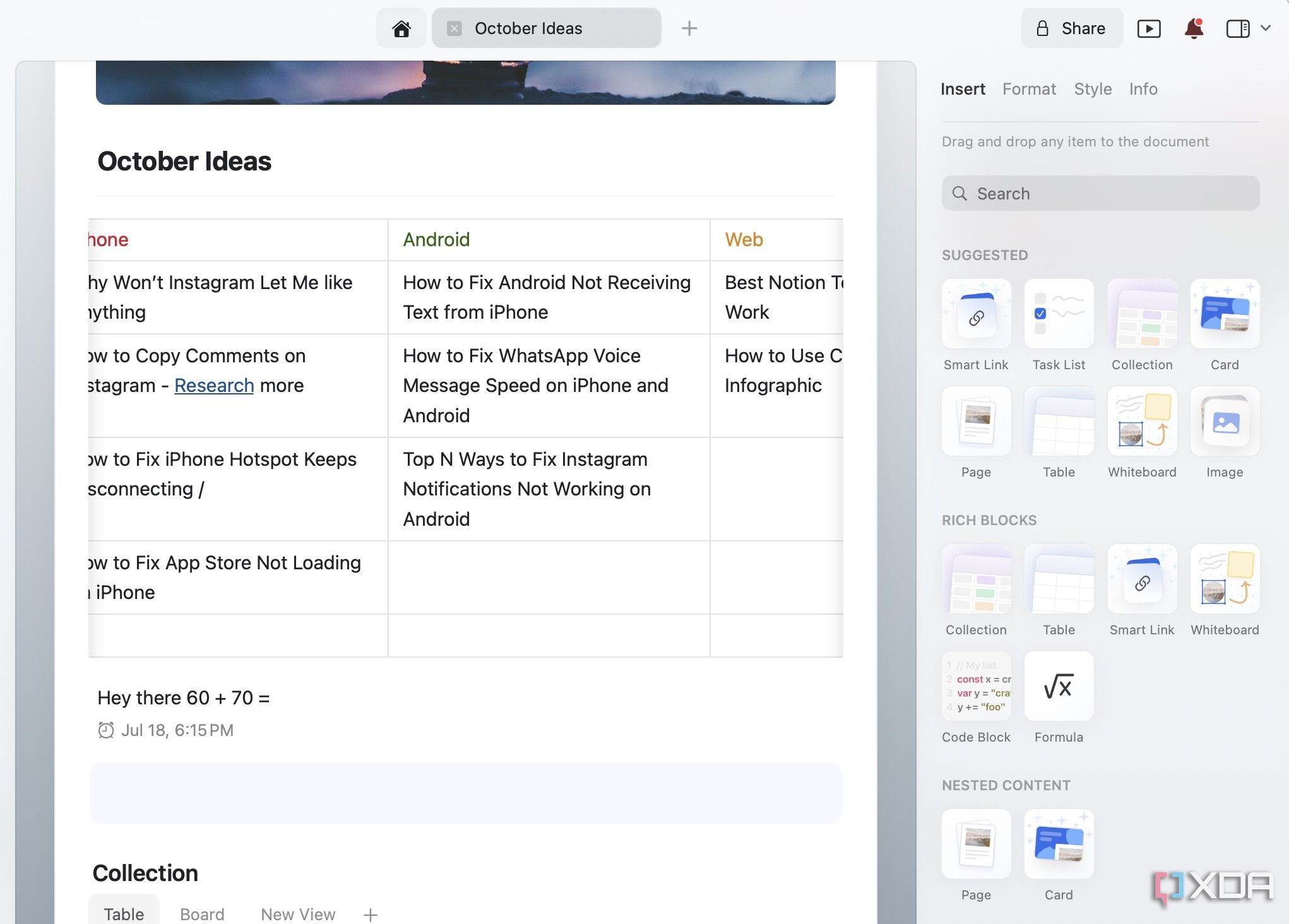 Craft formatting options
