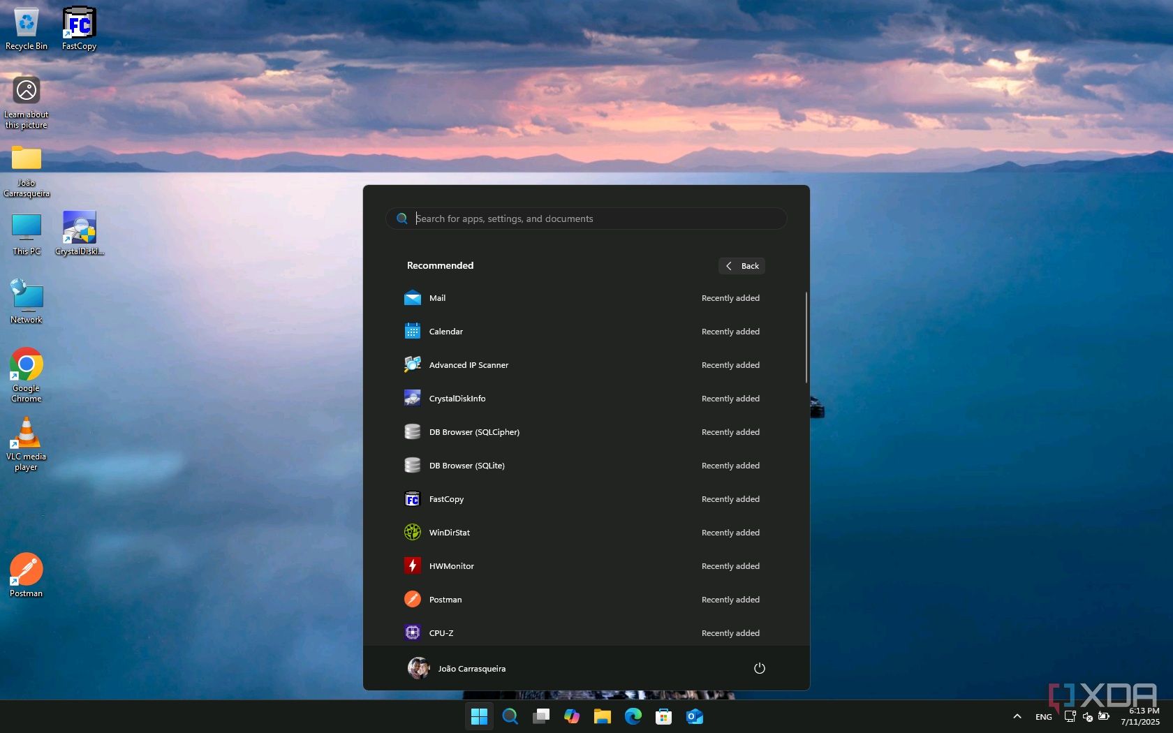 Screenshot of Windows 11 with the Start menu showing a long list of recently installed apps