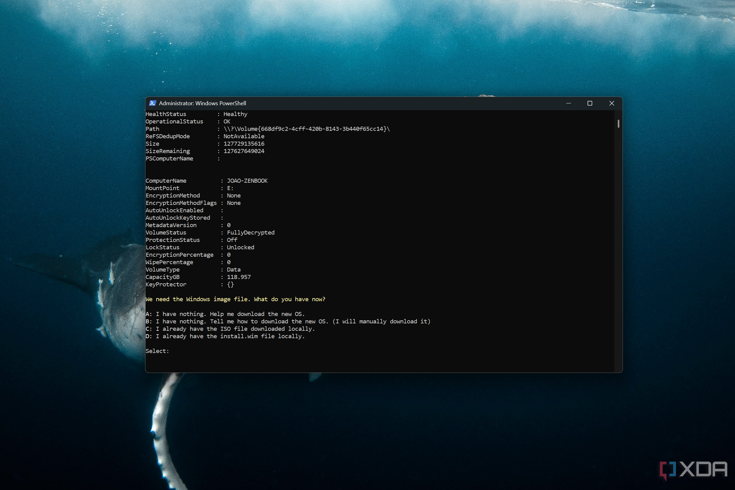 Screenshot of Windows Terminal running a command to reimage Windows on a new drive