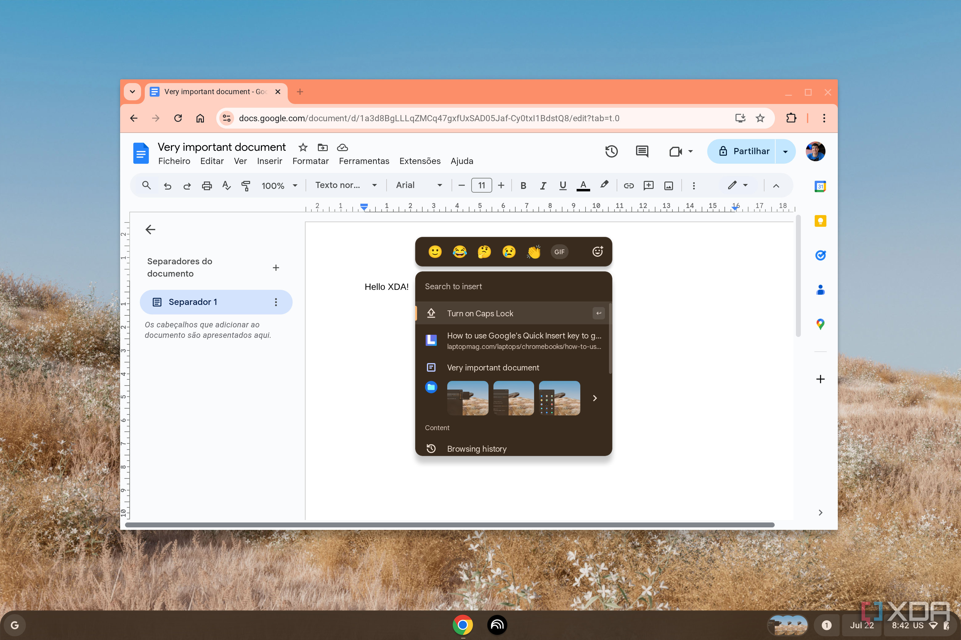 ChromeOS Quick Insert feature on in a Google Doc draft