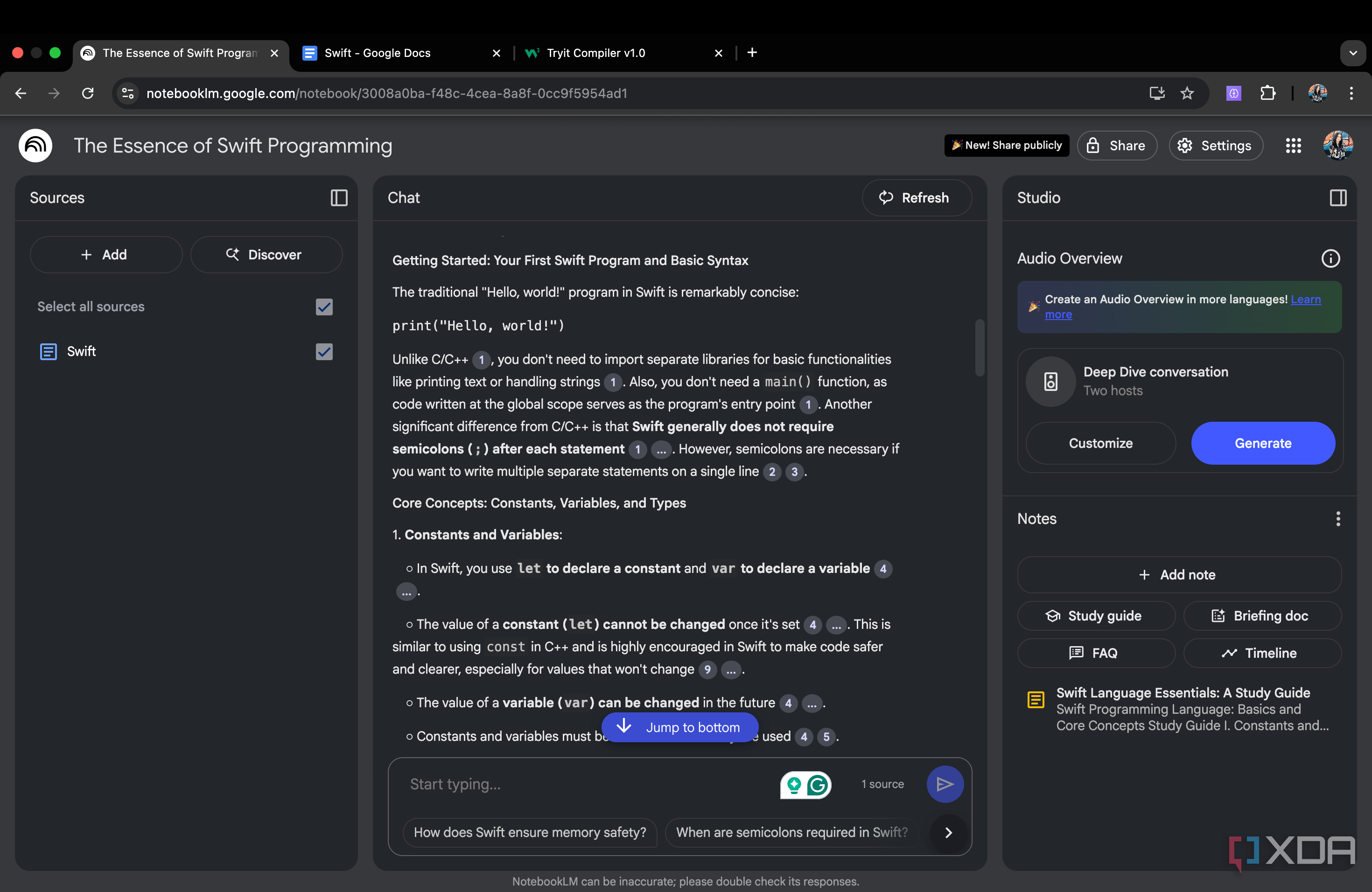 NotebookLM comparison of C and Swift