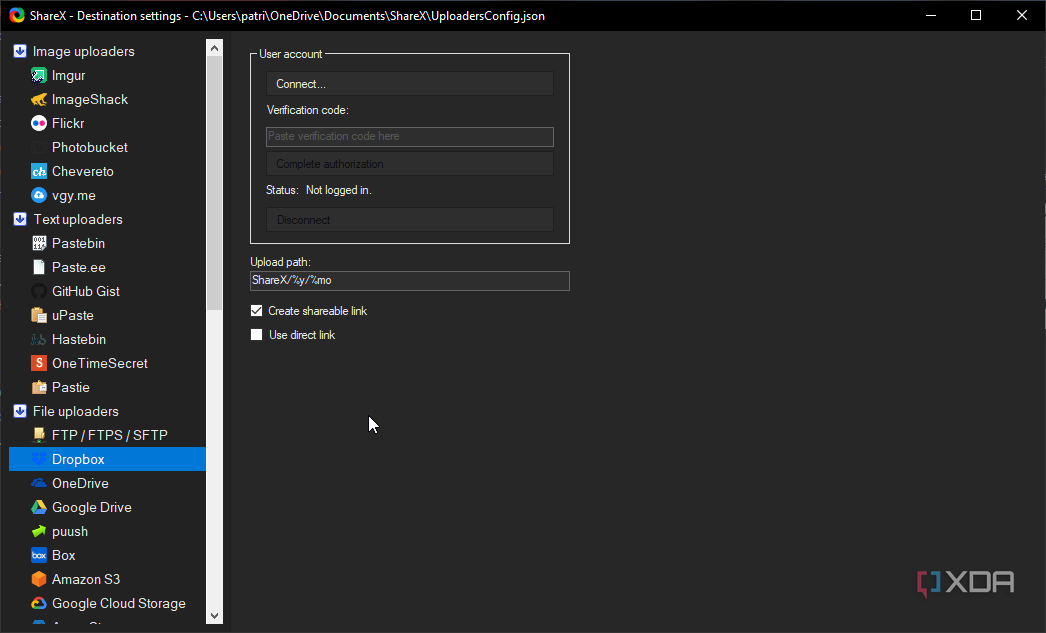 Una captura de pantalla de las opciones de carga de Sharex.