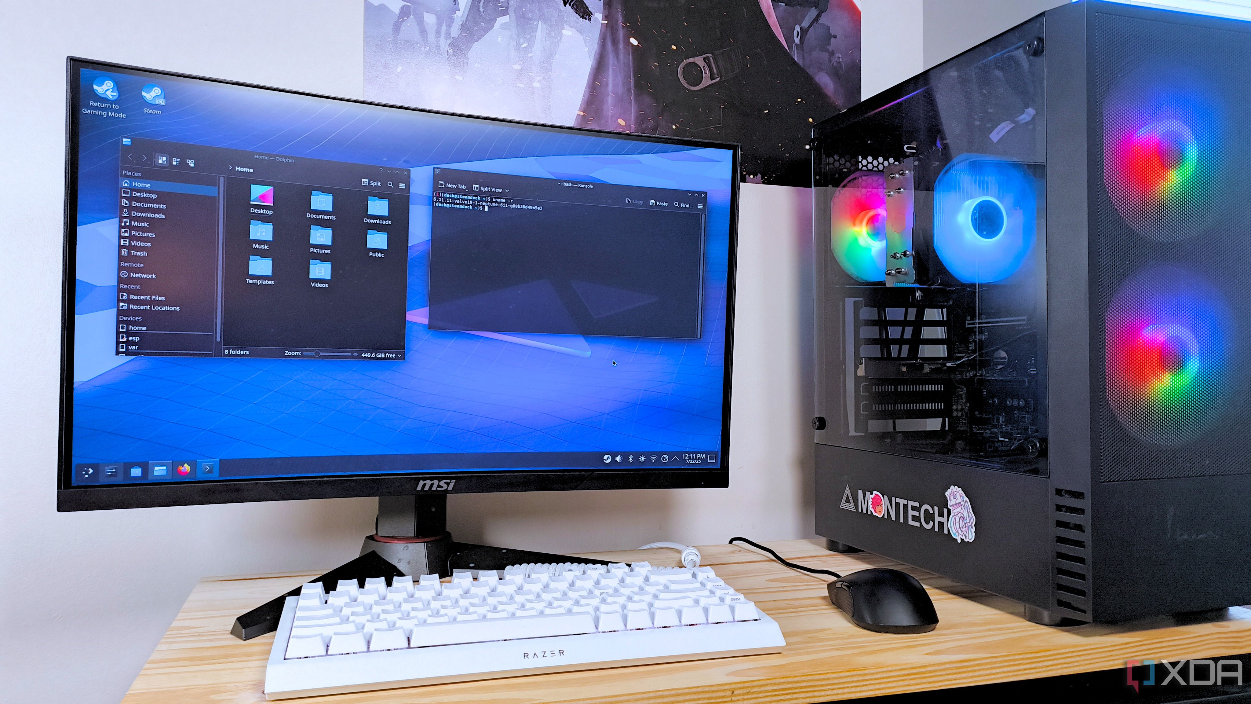 A SteamOS gaming PC showing the Files and Terminal apps running in the KDE Plasma desktop environment