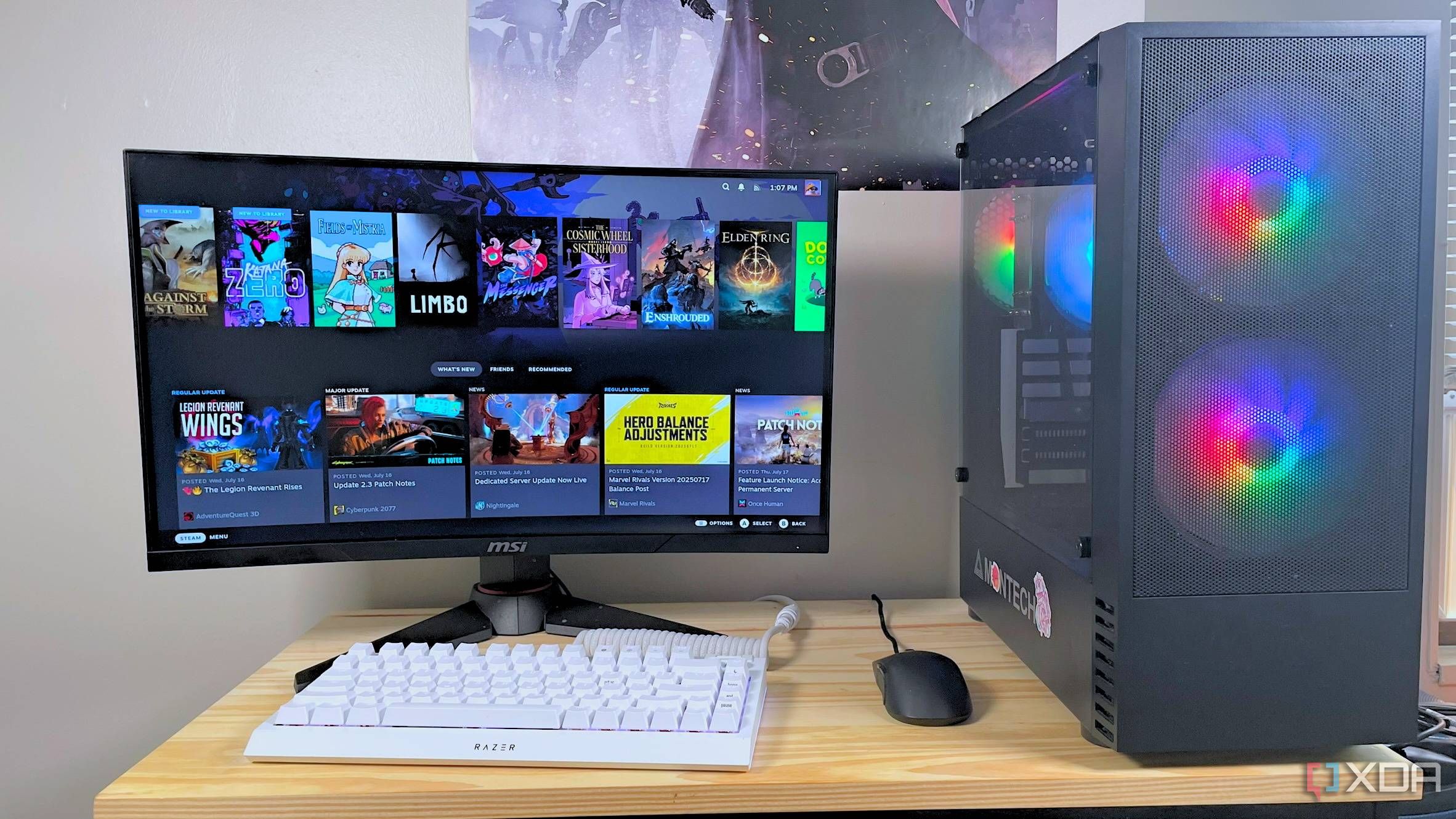 A custom gaming PC running SteamOS with a display, keyboard, and mouse