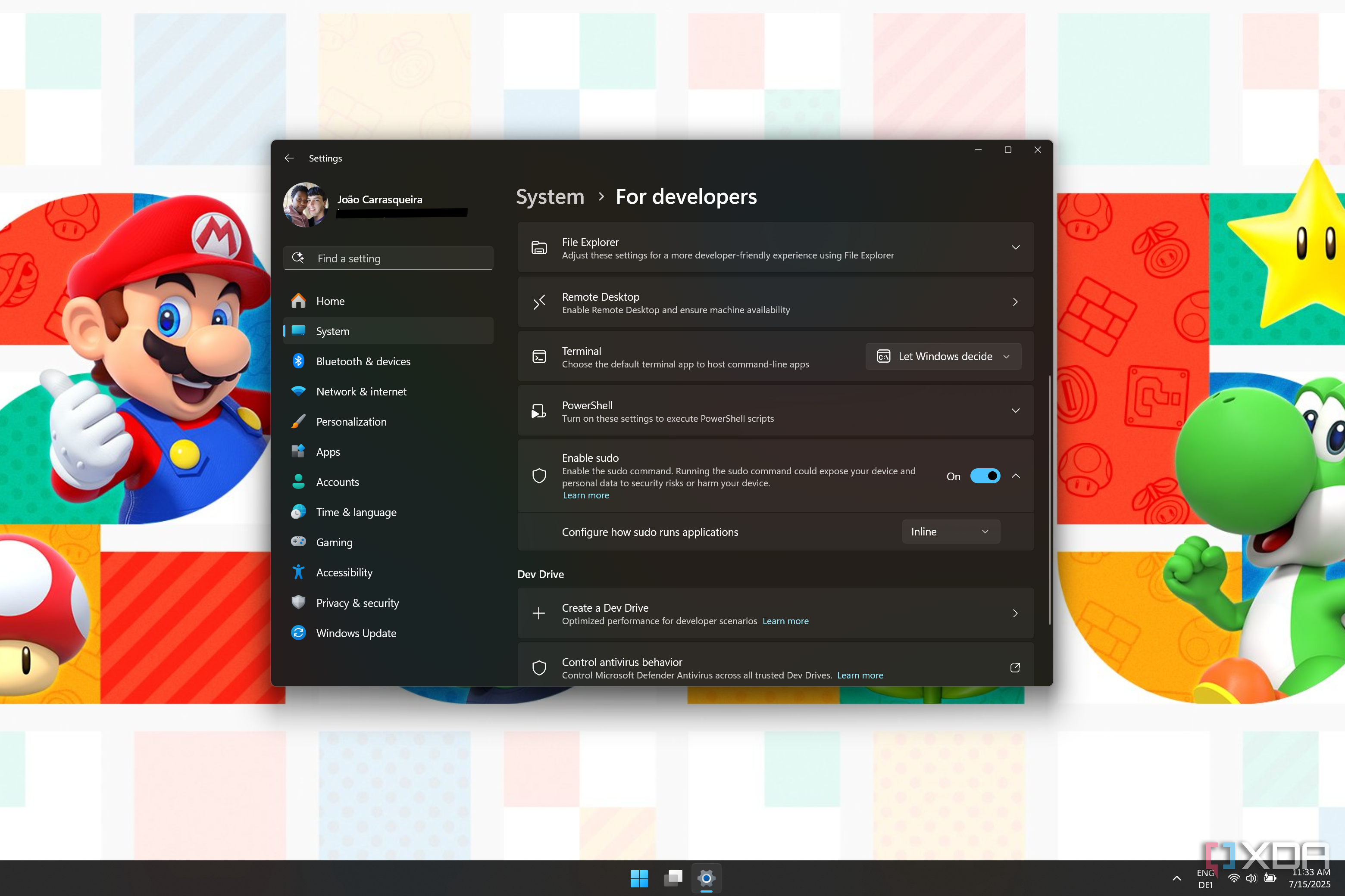 Captura de pantalla de la aplicación de configuración de Windows 11 que muestra sudo está habilitada