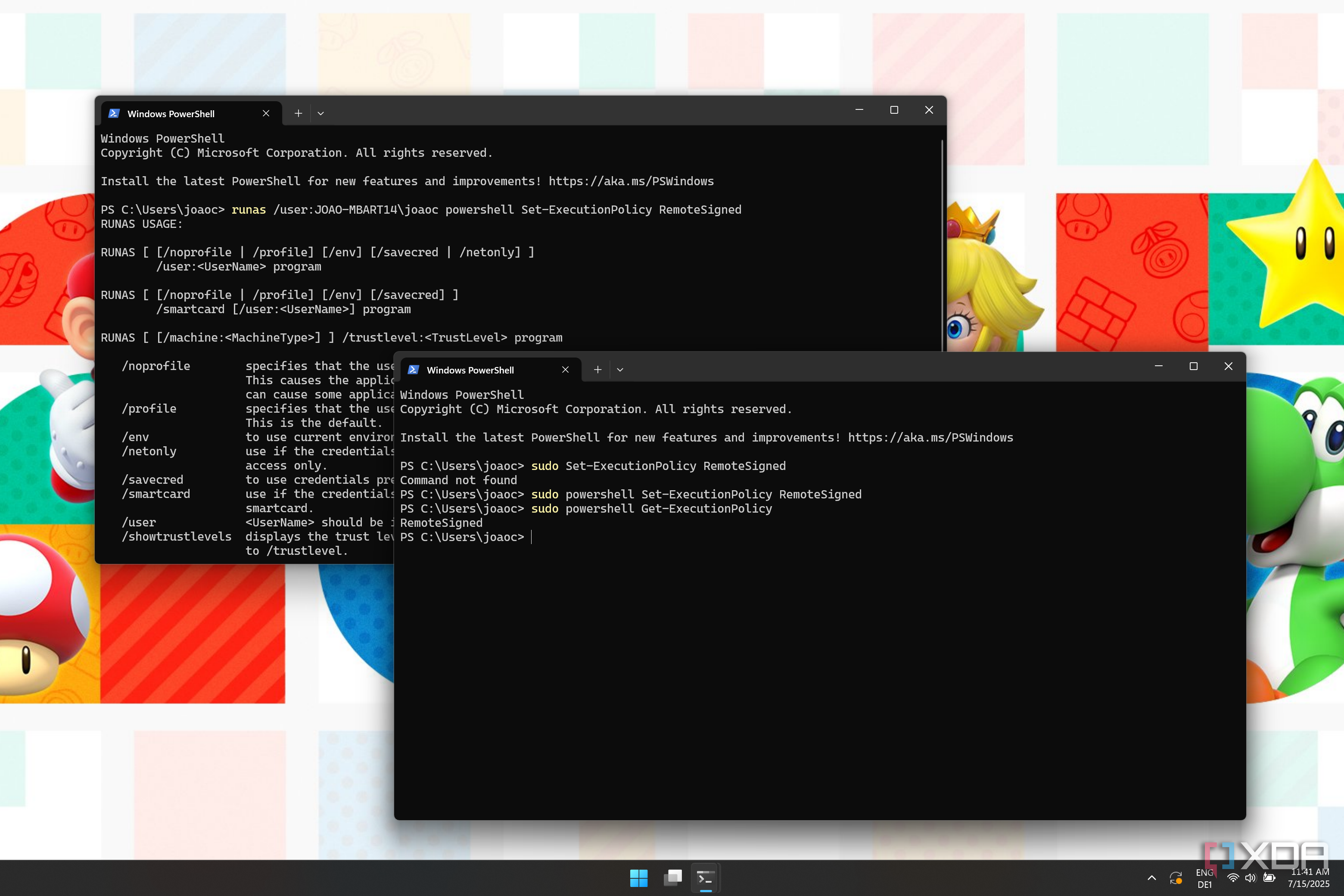 Captura de pantalla de dos ventanas de terminal, una ejecutando múltiples comandos usando sudo y el otro no ejecuta los mismos comandos usando Runas