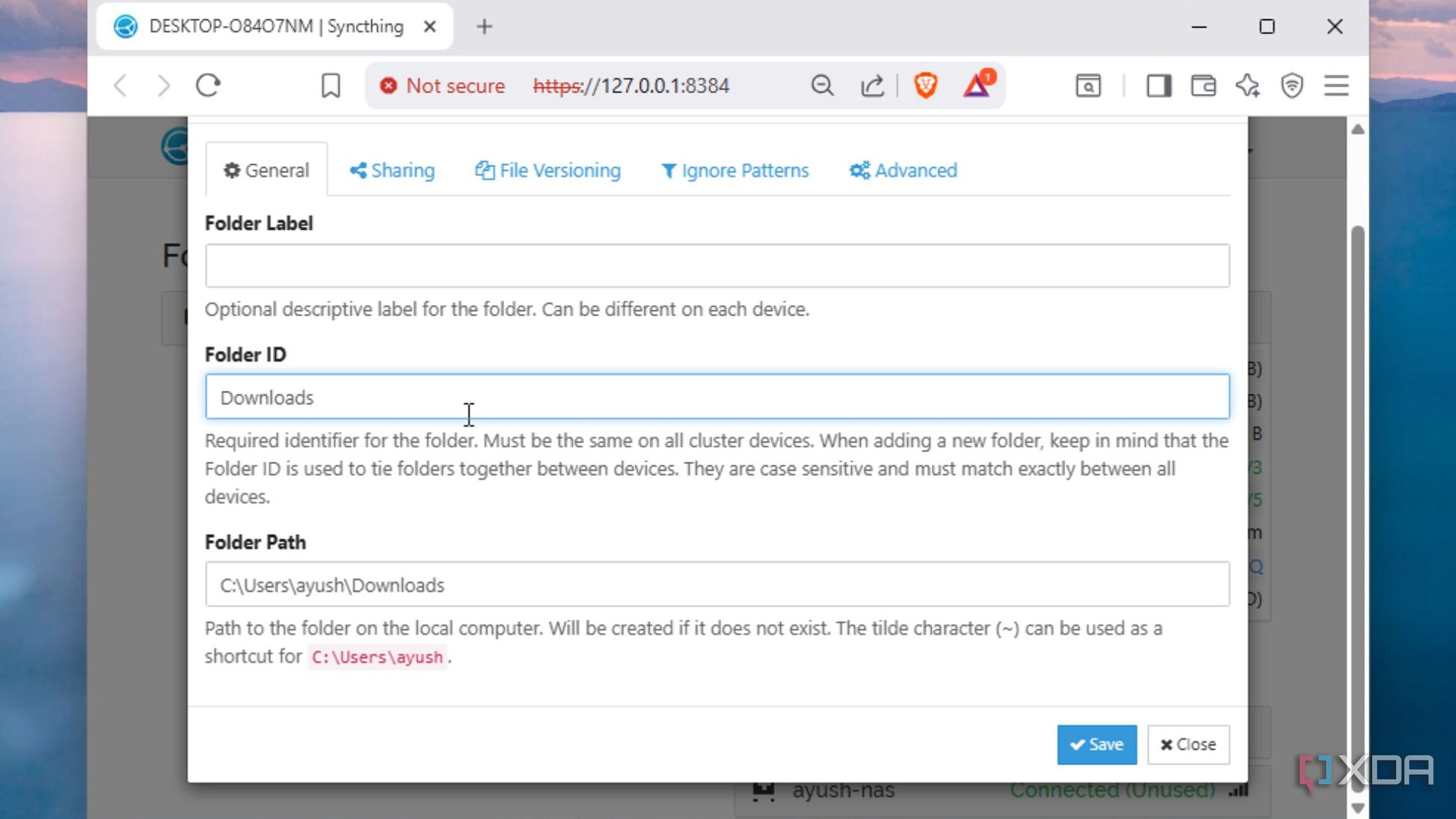Setting the folder ID in Syncthing