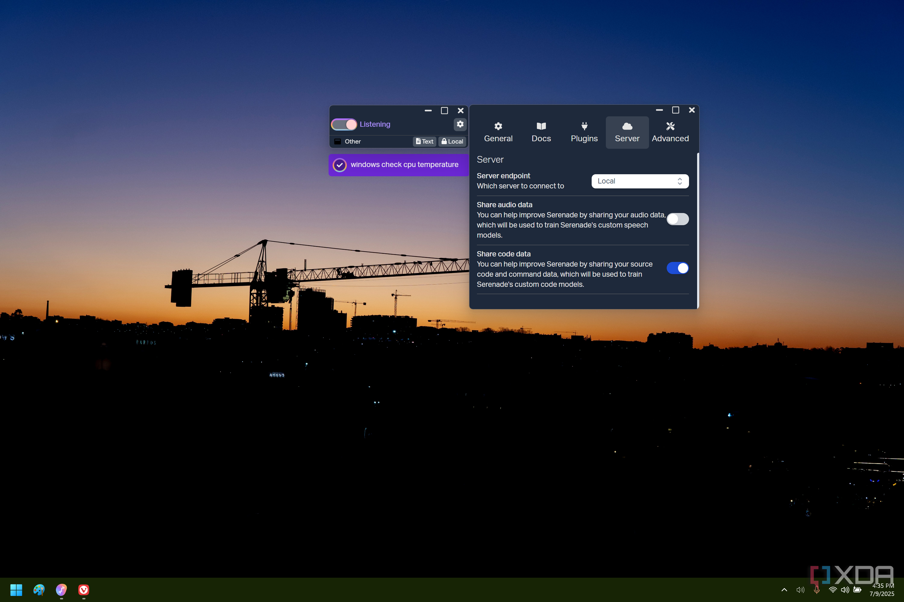 Captura de pantalla de la configuración del servidor Serenade con opciones para enviar audio a servidores remotos deshabilitados