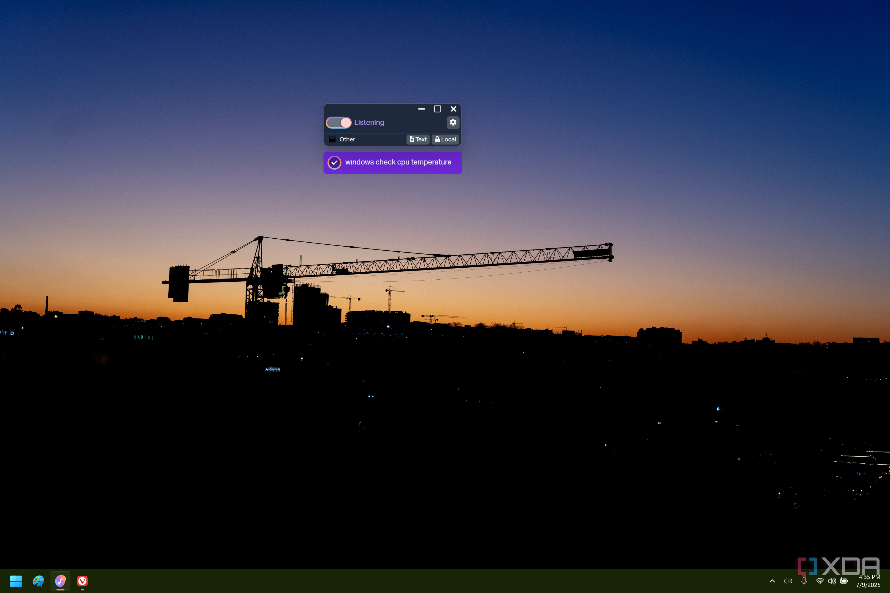 Captura de pantalla de Talk2Windows que muestra una serenata reconociendo un comando para verificar la temperatura de la CPU