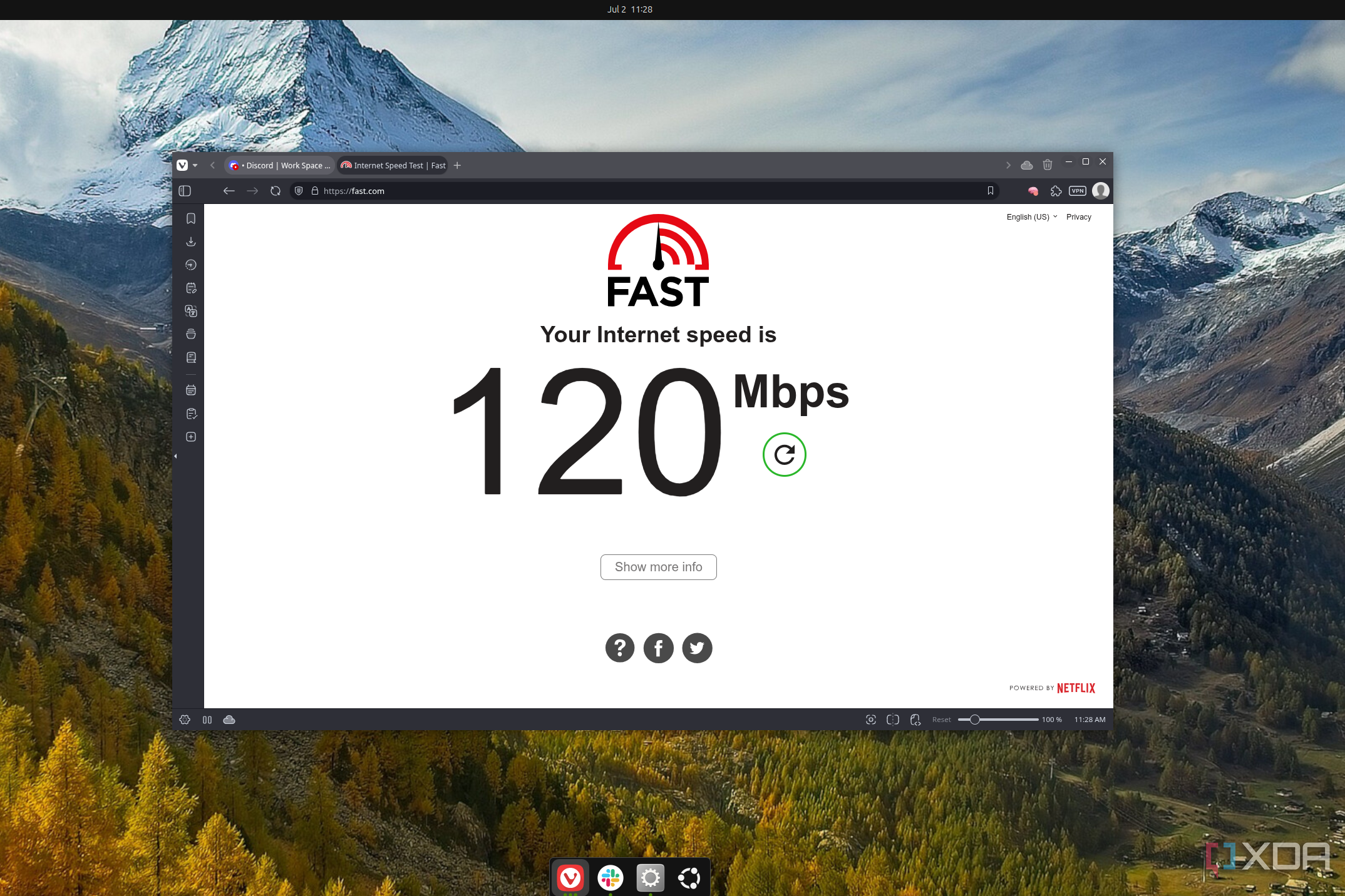Screenshot of fast.com open in Vivaldi showing speeds of 120Mbps on Ubuntu