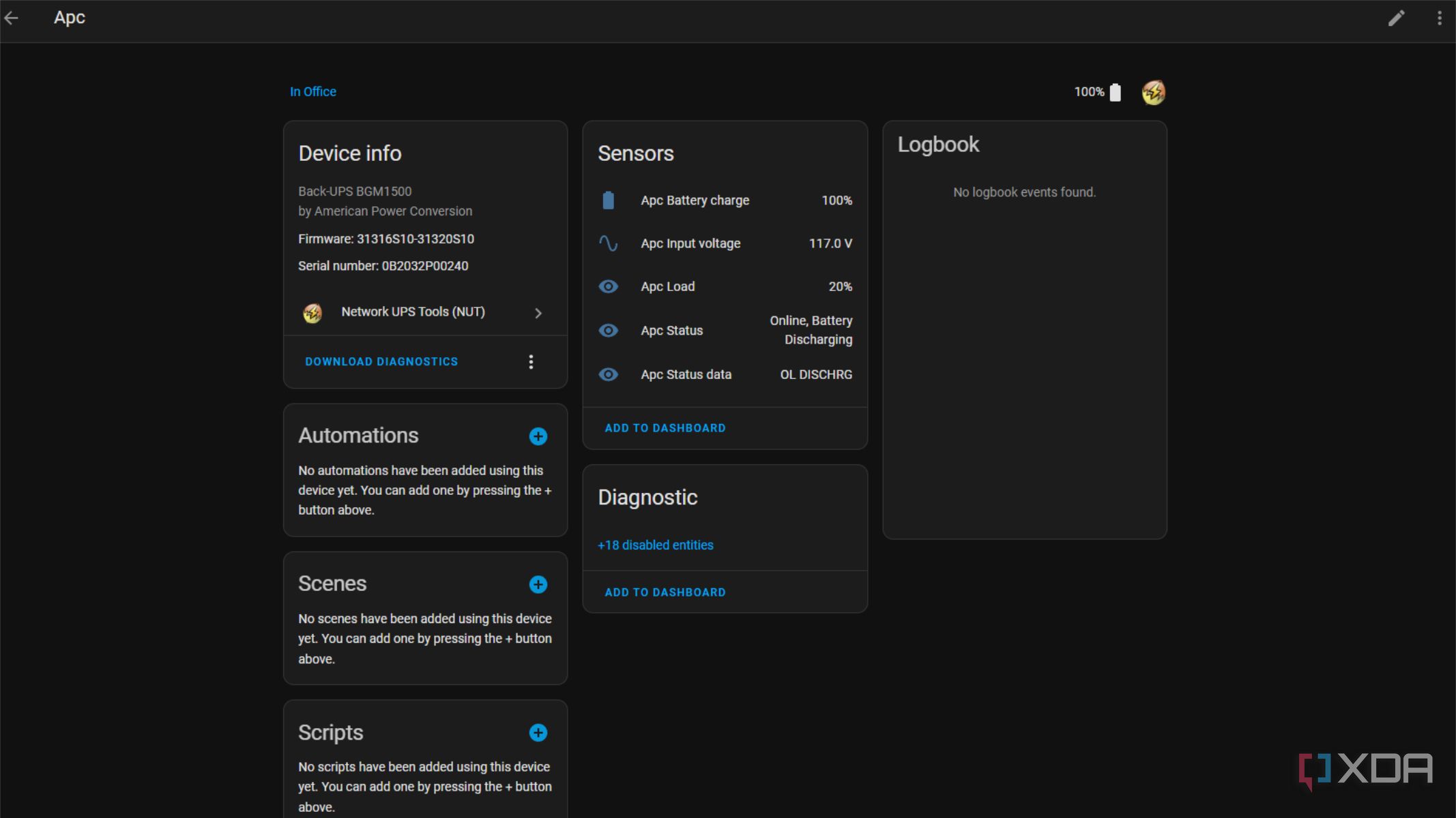 home assistant screenshot showing apc ups integrated via nut server