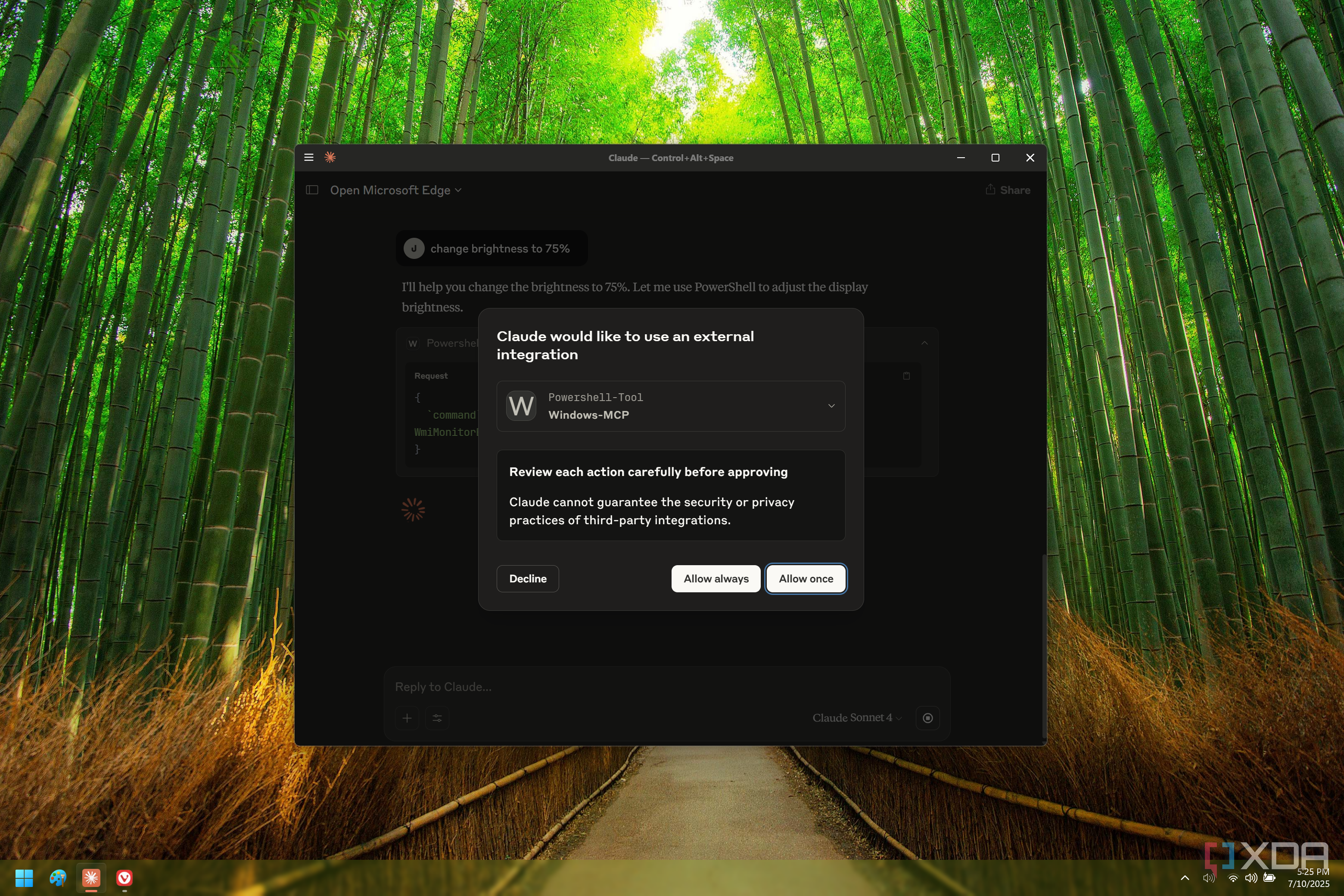 Captura de pantalla de Claude en Windows 11 pidiendo permiso para ejecutar una acción específica