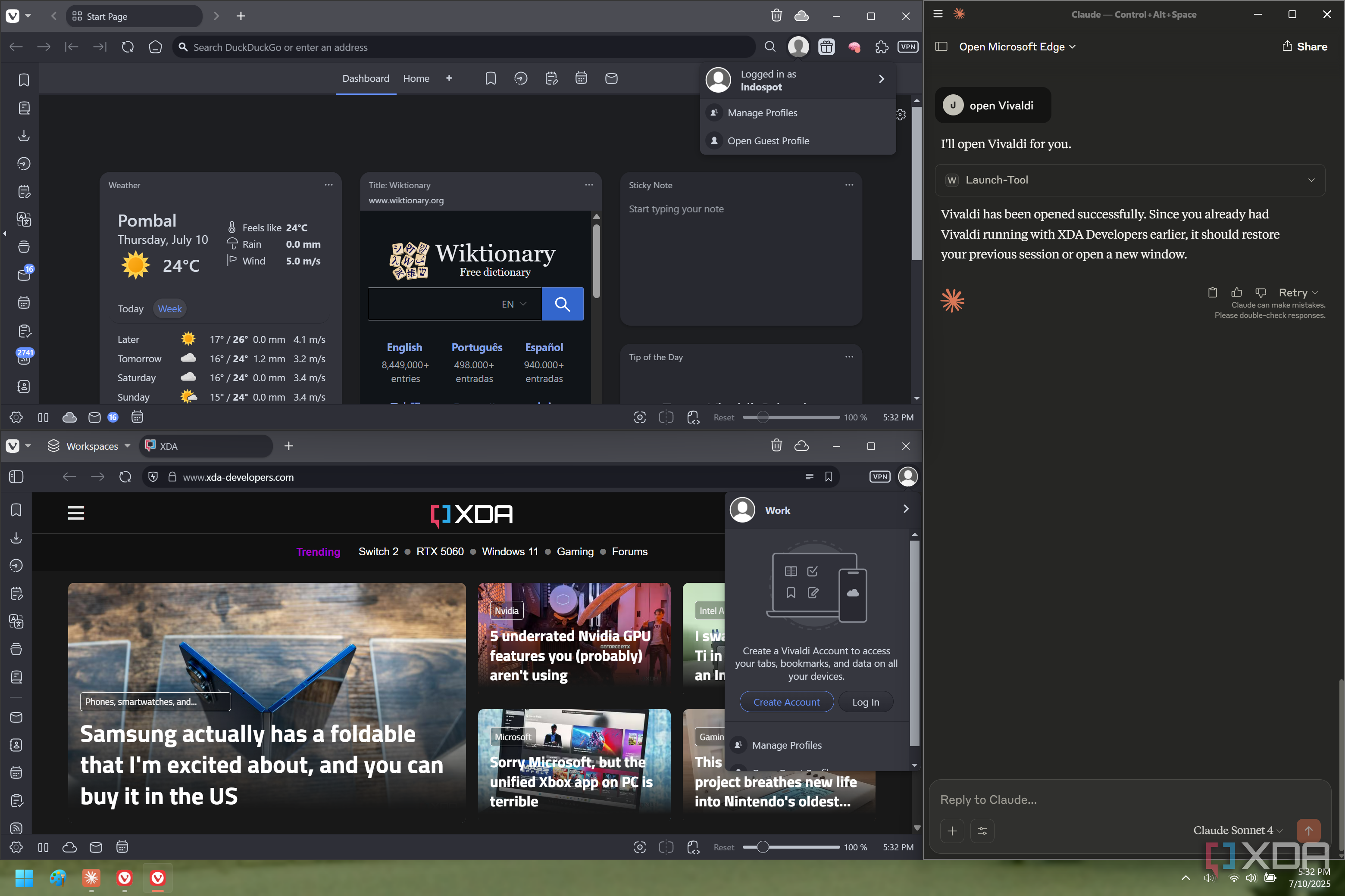 Captura de pantalla de Claude junto a dos ventanas Vivaldi que muestran perfiles de usuario completamente separados