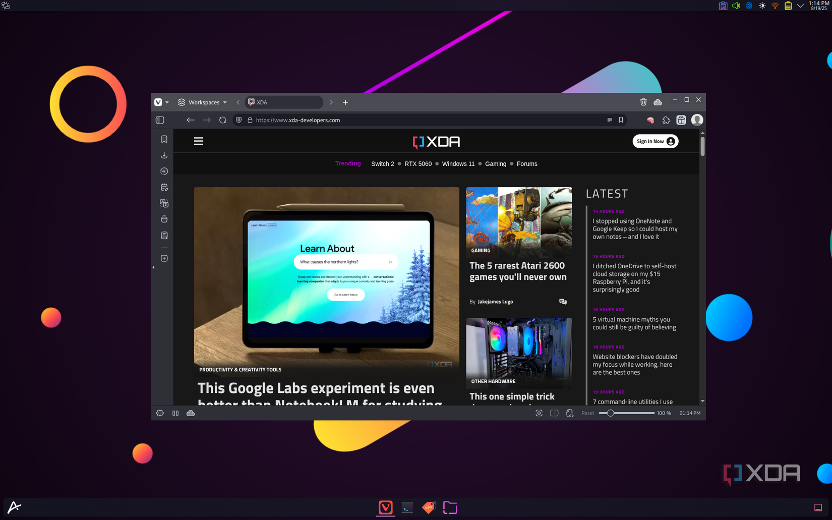 Captura de pantalla de Vivaldi Running en Aurora y mostrando la página de inicio de XDA