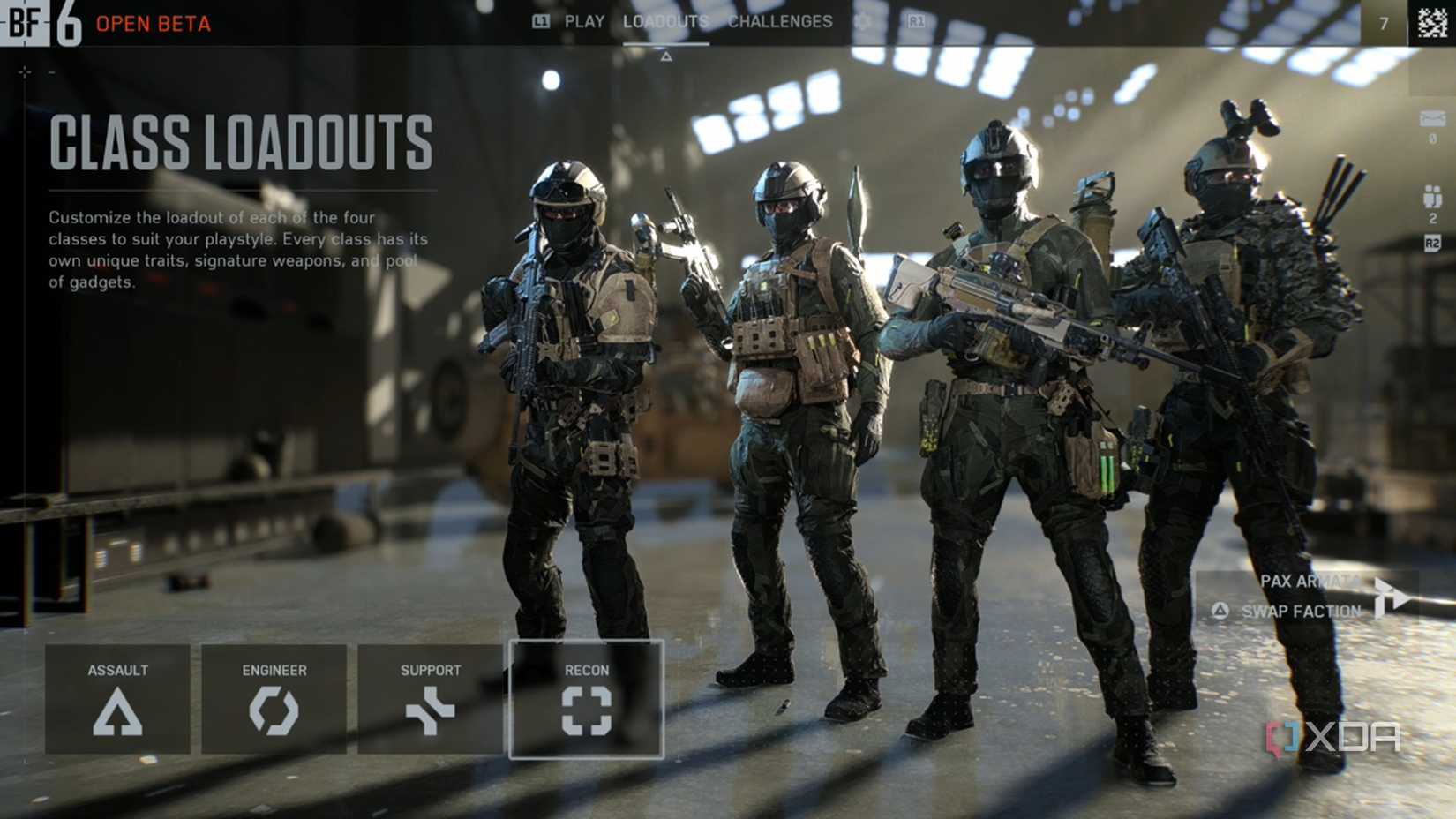 Una captura de pantalla de las opciones de clase en Battlefield 6 abre beta