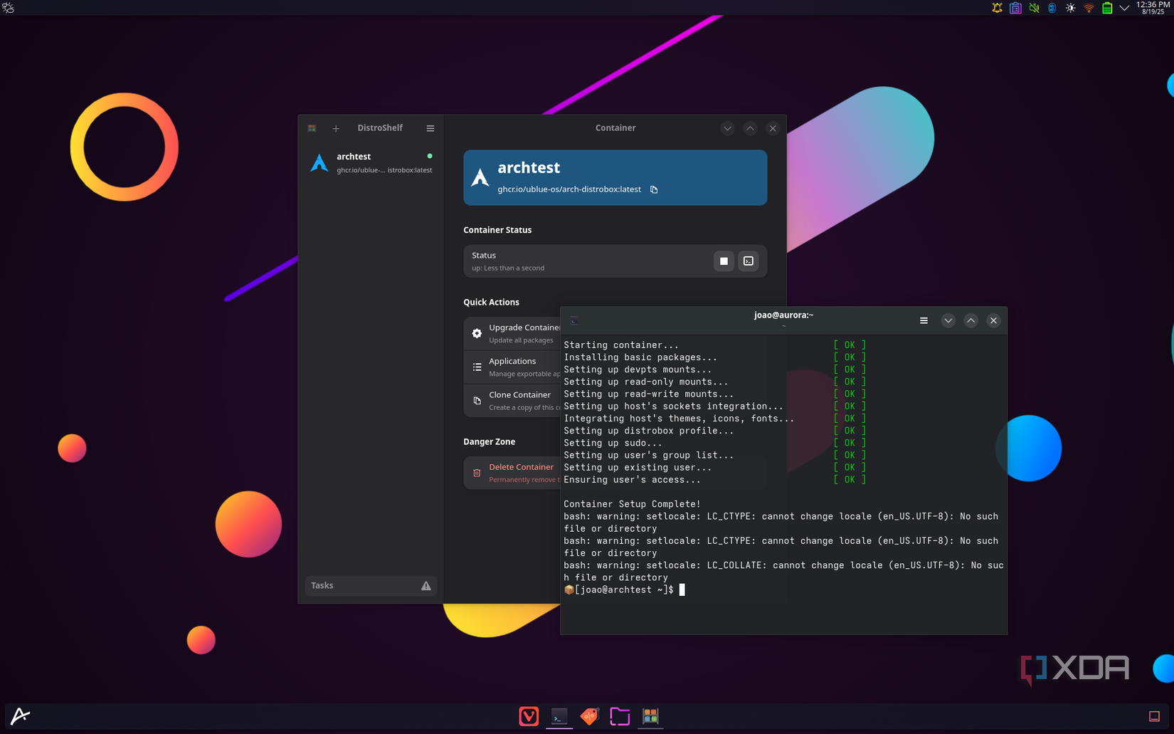 Captura de pantalla de un contenedor de Arch DistroBox que se ejecuta en Aurora