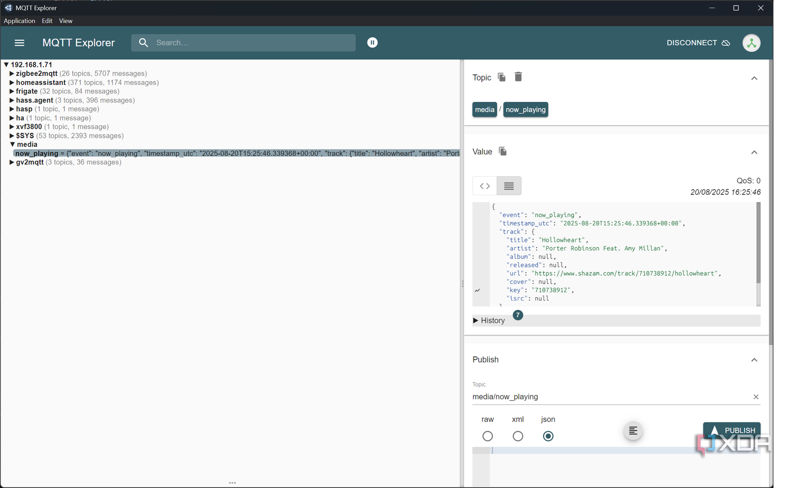 ESP32 ahora jugando en un servidor MQTT que muestra toda la información extraída de Shazam
