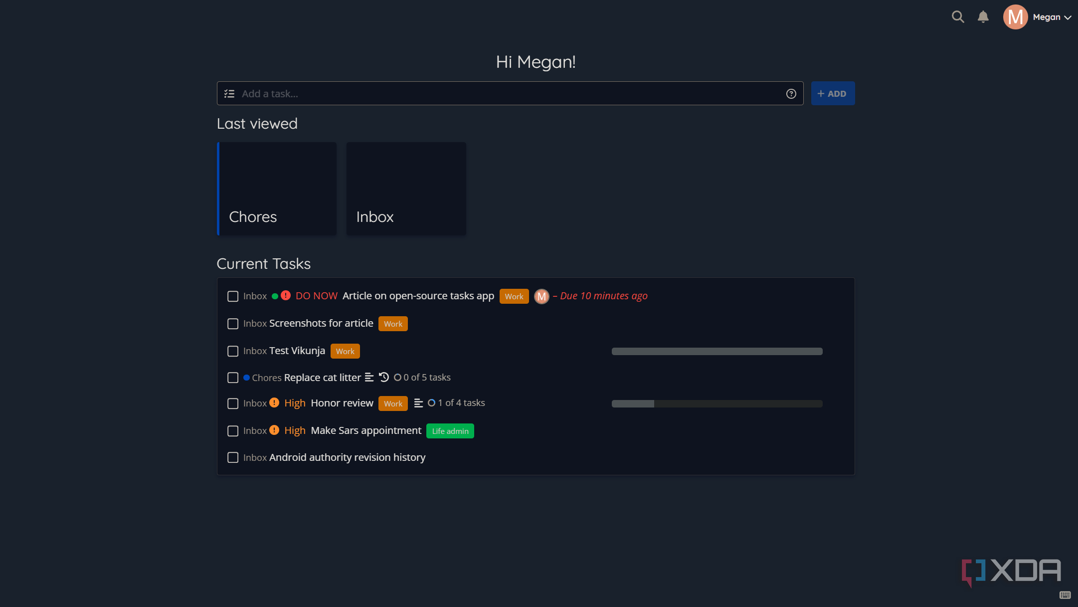 Vista de la página de inicio en Vikunja con tareas