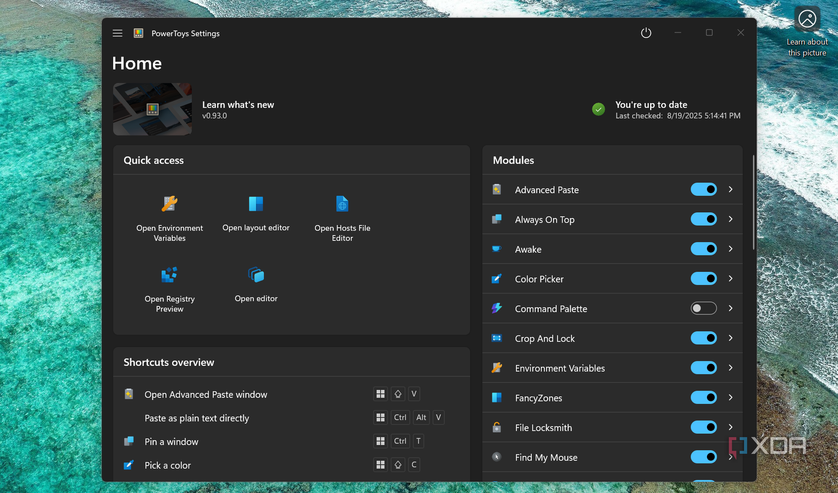 Captura de pantalla que muestra la configuración de Microsoft Powertoys