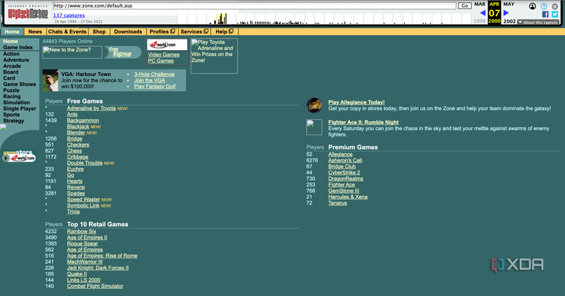 The MSN Gaming Zone matchmaking board website, circa 2000, shown via the Wayback Machine in a web browser.